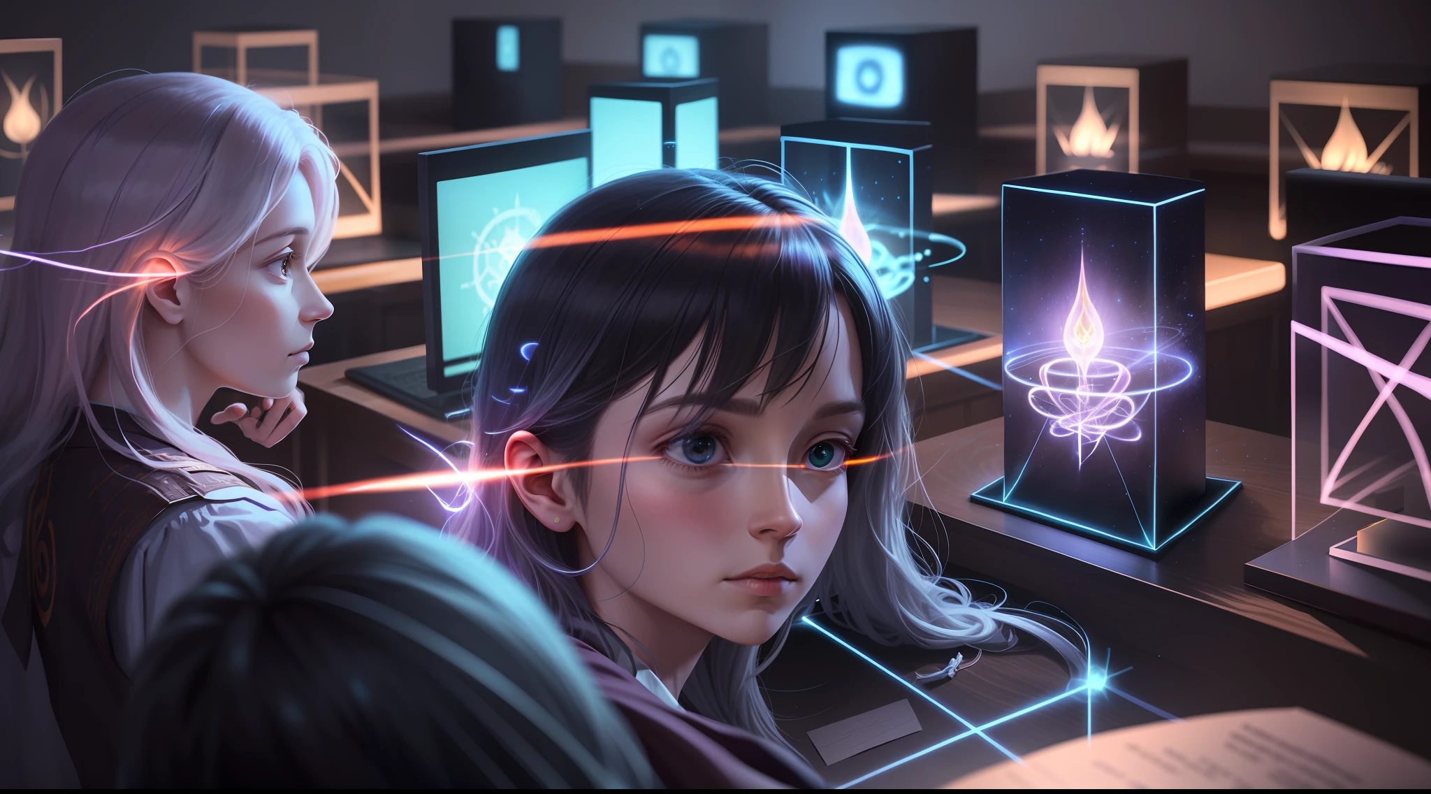 In the image, enlightened spirits illuminating a spiritist meeting with participants in a small room, showing in the image transmission of messages between the spiritual and physical planes, a lot of concentration of the participants and lights of the spirits, realistic image, lights, lighting, high details, 8k, high-quality:: dof, --ar 2:1
