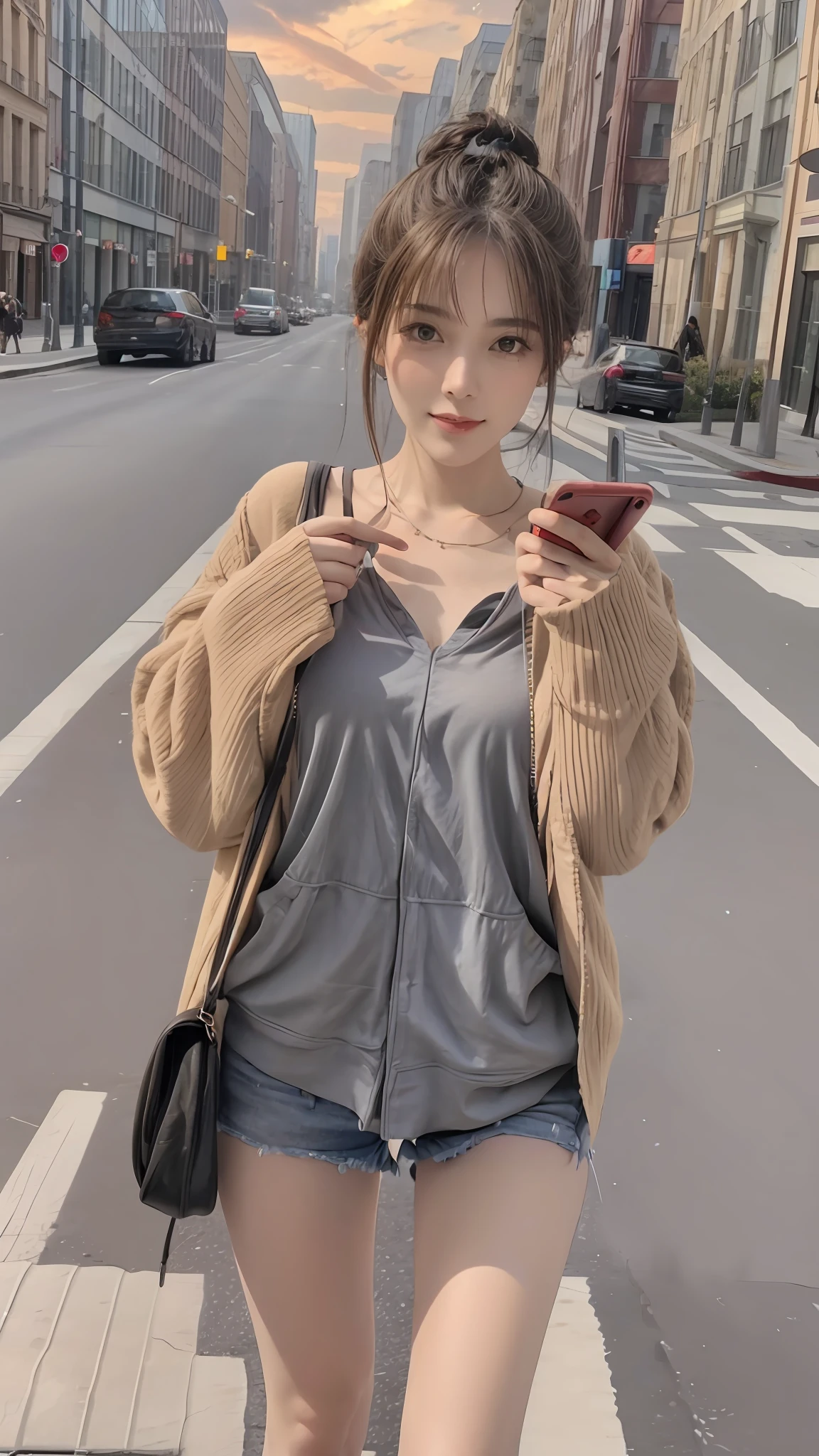 Beautiful woman, fiddling with cell phone in the middle of the street, short clothes