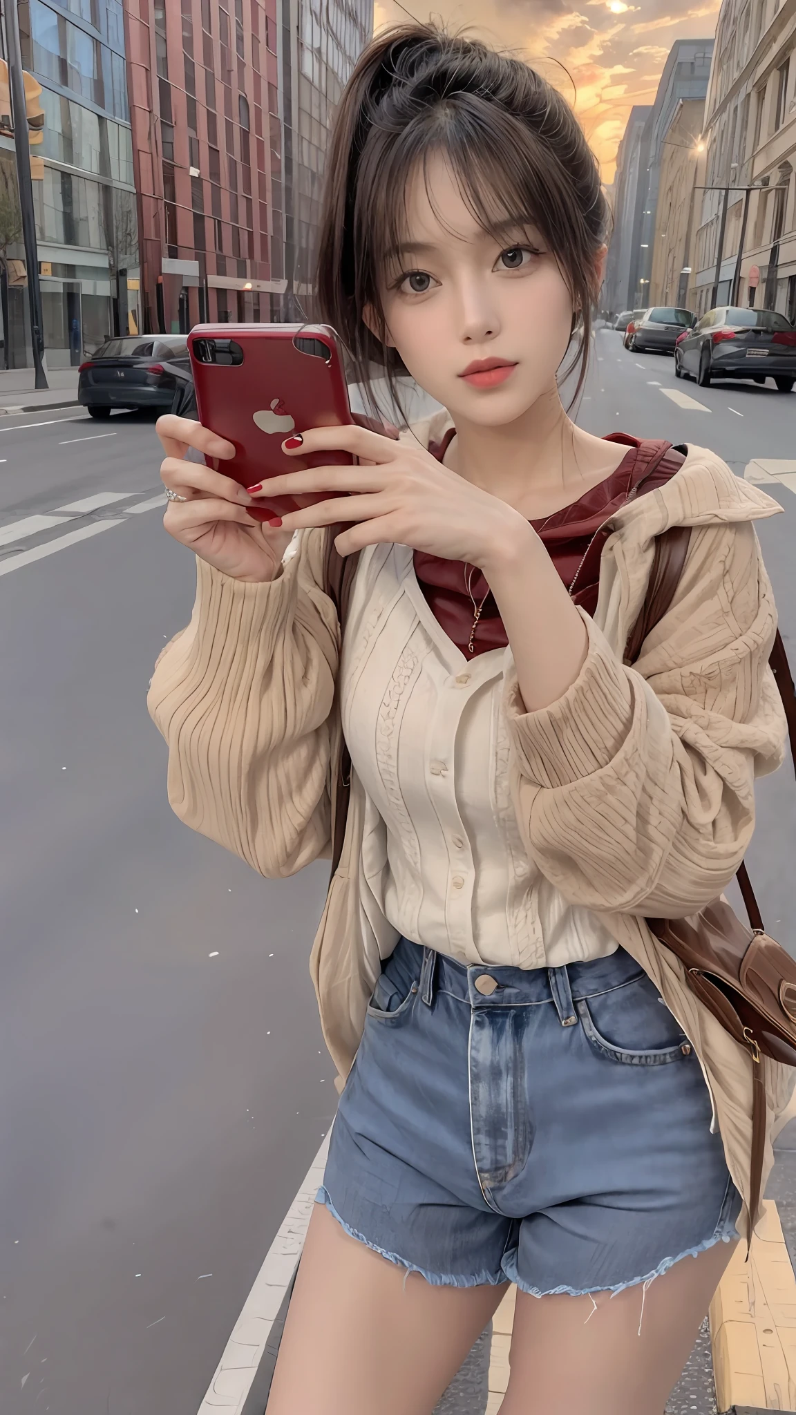 Beautiful woman, fiddling with cell phone in the middle of the street, short clothes
