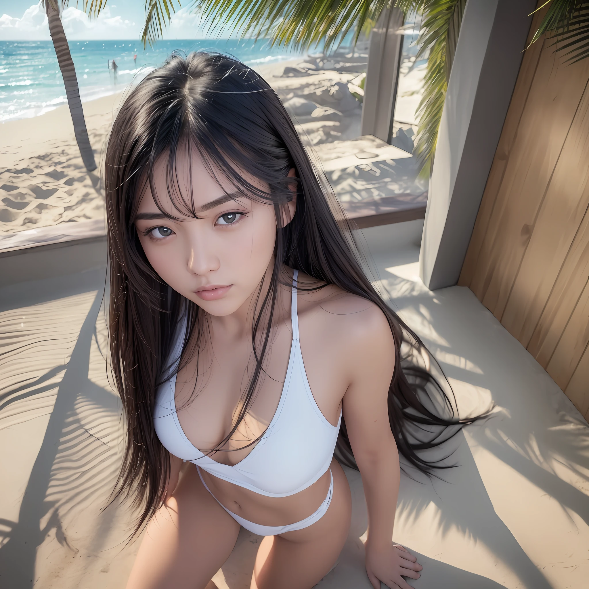 Full body, 85mm lens, aperture 1.8, (photorealistic: 1.4), (hyperrealistic: 1.4), (realistic: 1.3), (smooth lighting: 1.05), (improved cinematic lighting quality: 0.9), 32K, clean beach, beautiful clouds, looking up at the sky, 20 year old Japan girl, semi-long black hair, Kodak vision colorRealistic lighting, backlight, face light, ray tracking, (Enhance Bright Light: 1.2), (Quality Improvement: 1.4), (Quality Improvement: 1.4), Fine Detailed Eyes, Fine Quality Eyes, Separate White Swimwear, (Enhance Body Line Atmosphere: 1.1), (Enhance Skin Texture: 1.1) --auto --s2