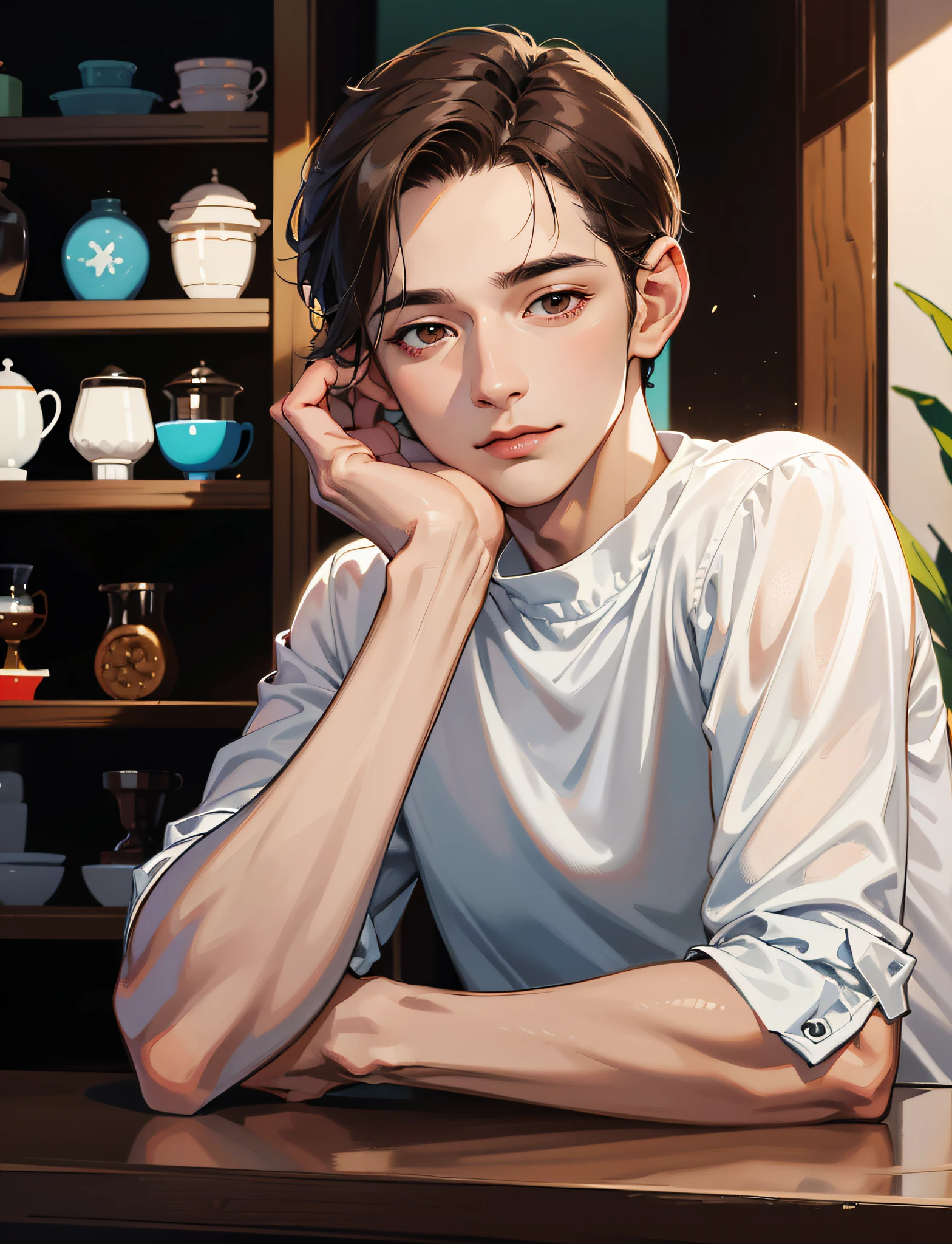 (absurdres, highres, ultra detailed), masterpiece, best quality, 1man, solo, handsome, mature, short hair, dark brown hair, center part hair, brown eye, finely eyes and detailed face, forehead, casual clothes, light smile, coffee shop background, real shadow,