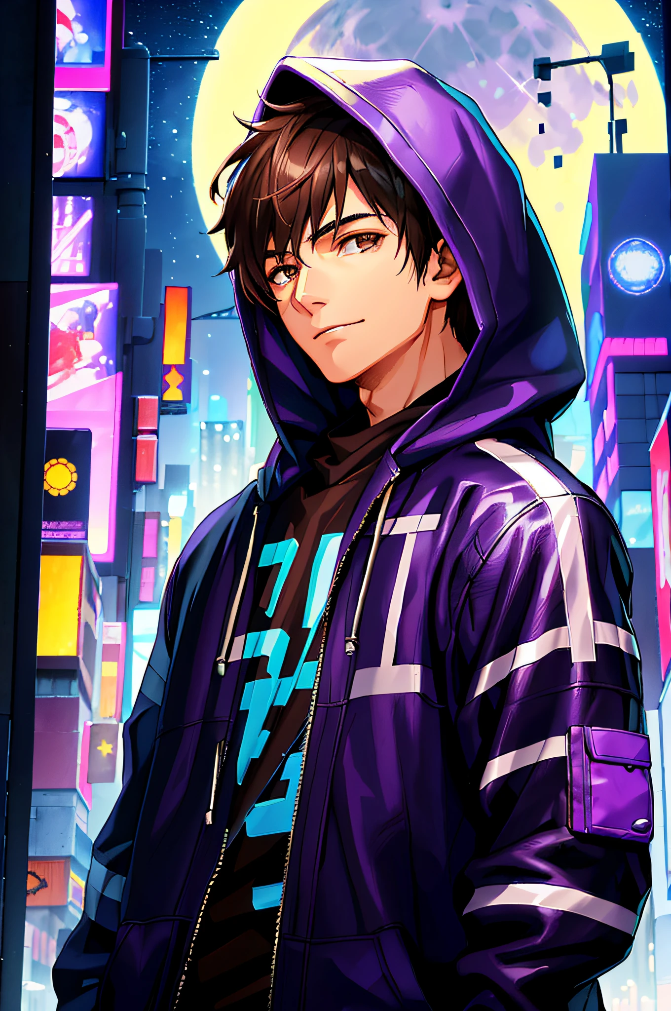 ((17-year-old boy with fair skin)), ((wearing hooded blouse)), (((brown eyes))), looking forward, showing full face, ((cyberpunk night town in the background)), ((starry sky with full moon)), (((modern clothing in blue, black and purple colors))), slight smile on face, realistic shadow, detailed shadow, realistic light, detailed light, contour light, pixiv, artstation,  super-detailed,