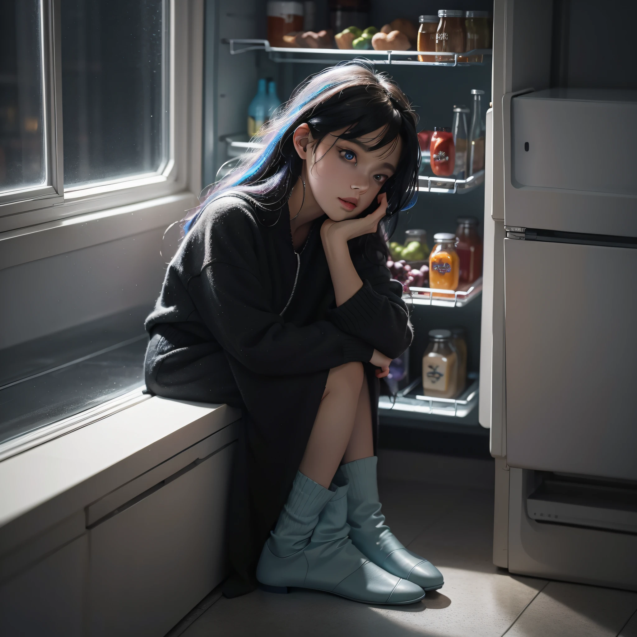woman sitting on the floor in front of a refrigerator in a dark room, inspired by Elsa Bleda, brandon woelfel, low light photography, low key lighting, fridge, by Adam Marczyński, low key light, standing in a dimly lit room, low - key lighting, low-key lighting, refrigerator, dramatic low-key lighting