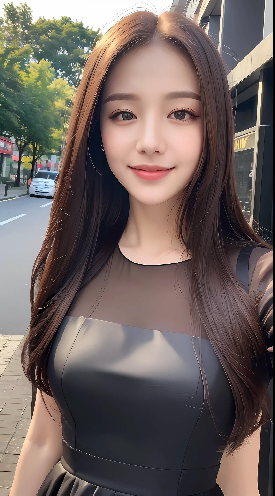 ((Best quality, 8k, Masterpiece :1.3)), 1girl, smiling, full body, slim face, Pretty woman, (Dark brown hair), full length dress :1.1, Ultra-detailed face, Detailed eyes, Double eyelid, blur background, slim face, city, outside, street,