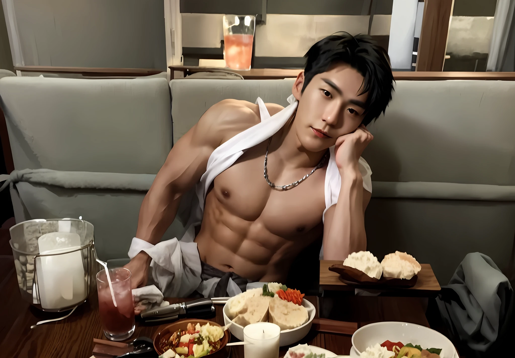 there is a man sitting at a table with food and a drink, korean muscle boy 2 1 years old, handsome japanese demon boy, he is about 30 years old, he is about 3 0 years old, he is 3 5 years old, he is about 2 5 years old, south korean male, muscular!!, with abs, shirtless, yuya nagai