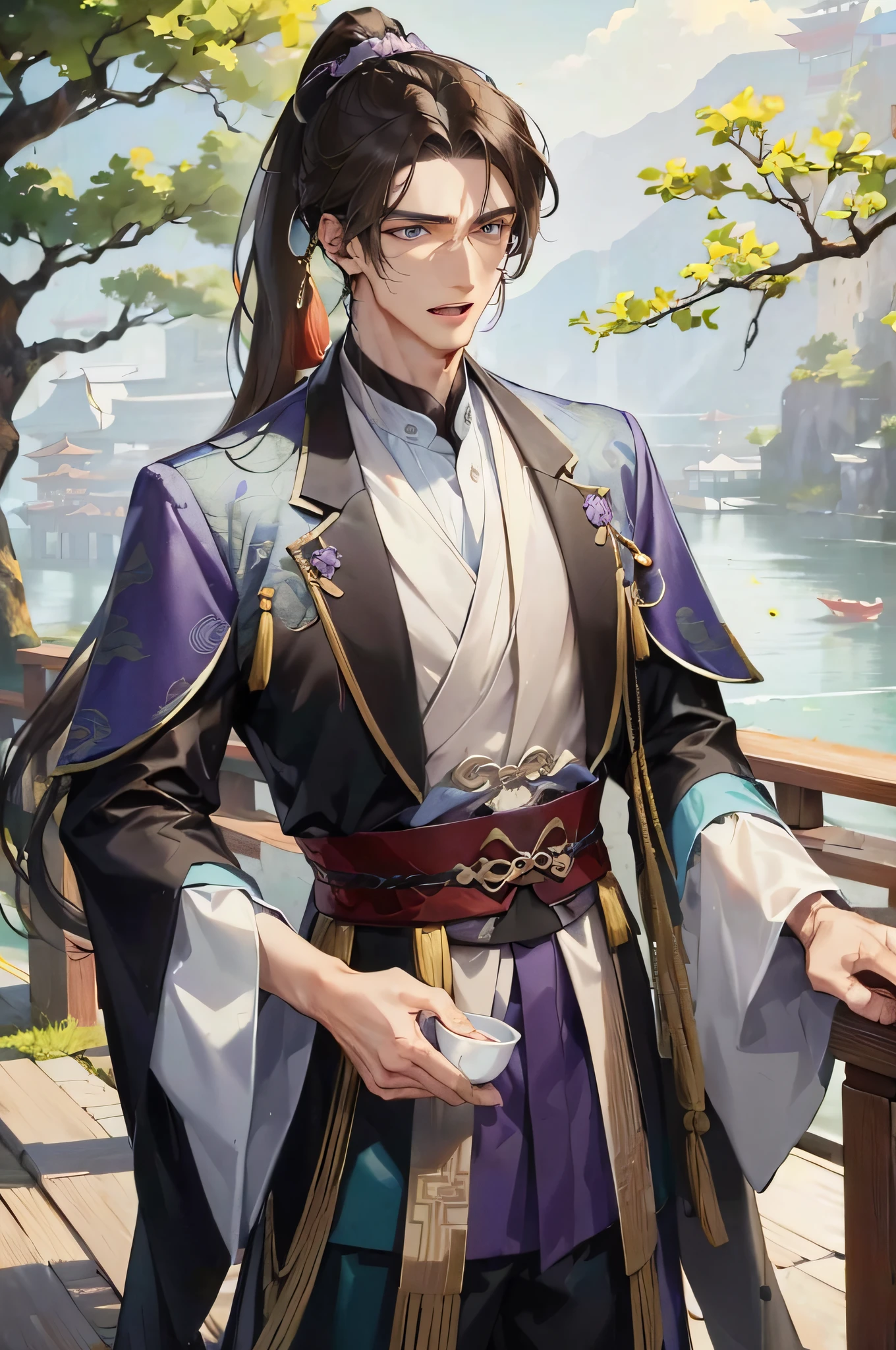 Masterpiece, Best Quality, Beachfront, Banquet, Daytime, 1 person, mature man, Chinese style, ancient Chinese, Chinese court, green brown hair, gray blue eyes, split hair, long hair, long bangs, high ponytail, open mouth, handsome, masculine, gentle tall quiet purple clothes dark clothes unicorn pattern branches