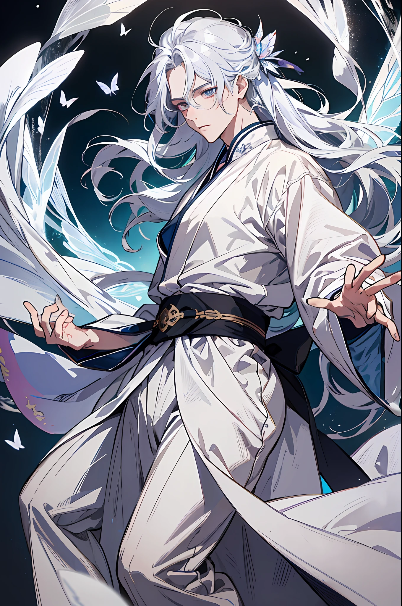 A boy, white Hanfu, long silver hair, delicate eye portrayal, handsome, fairy fluttering, ancient style, mist, floating, wide robe with large sleeves, dynamic pose, dramatic composition, fluttering hair, butterfly, extreme detail, high resolution, vivid expression, dancing pose, opal-like eyes