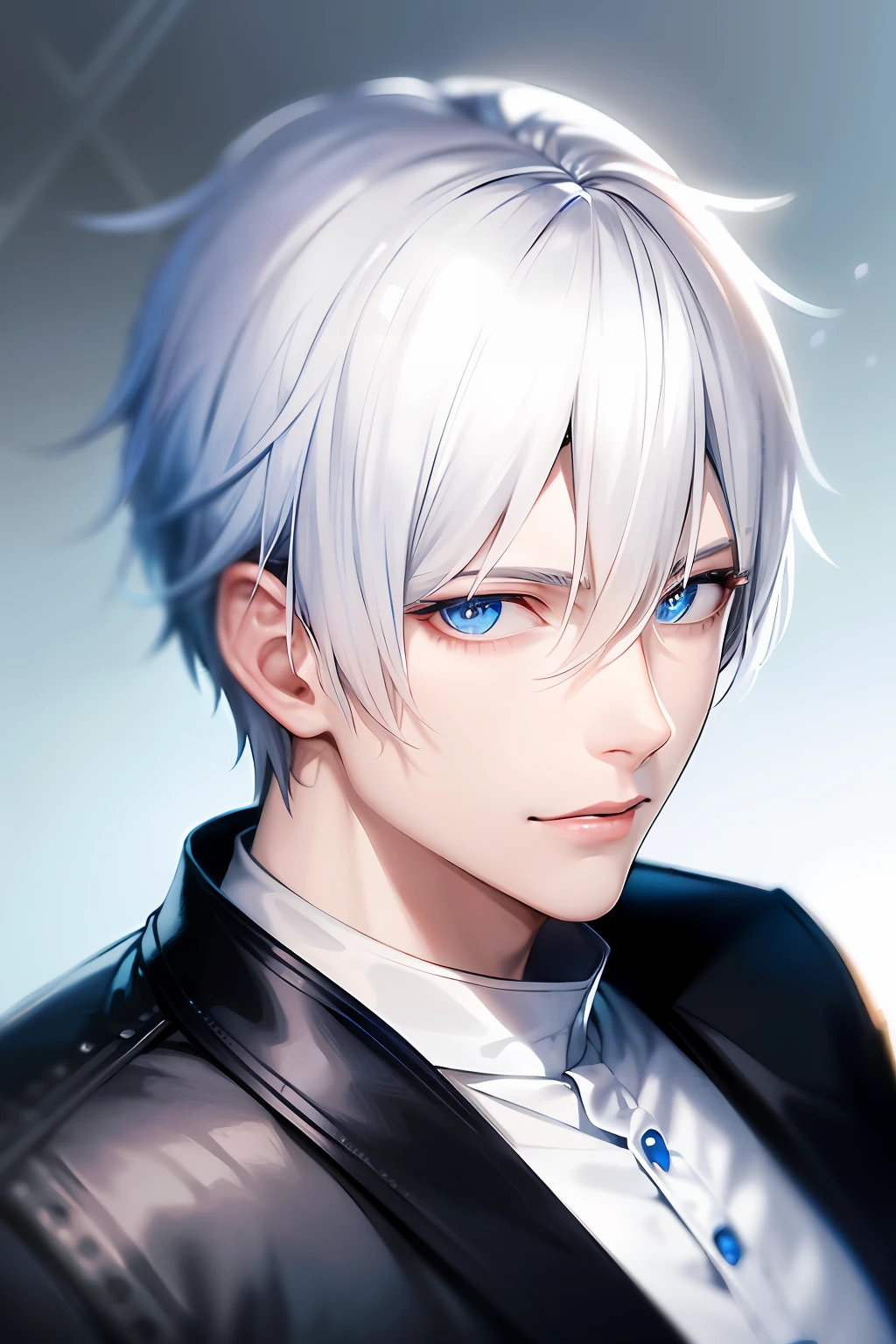 a close up of a person with white hair and blue eyes, a character portrait, trending on pixiv, shin hanga, a handsome man，black short hair, discord profile picture, unrealistic character concept, blue eyes and a slim face