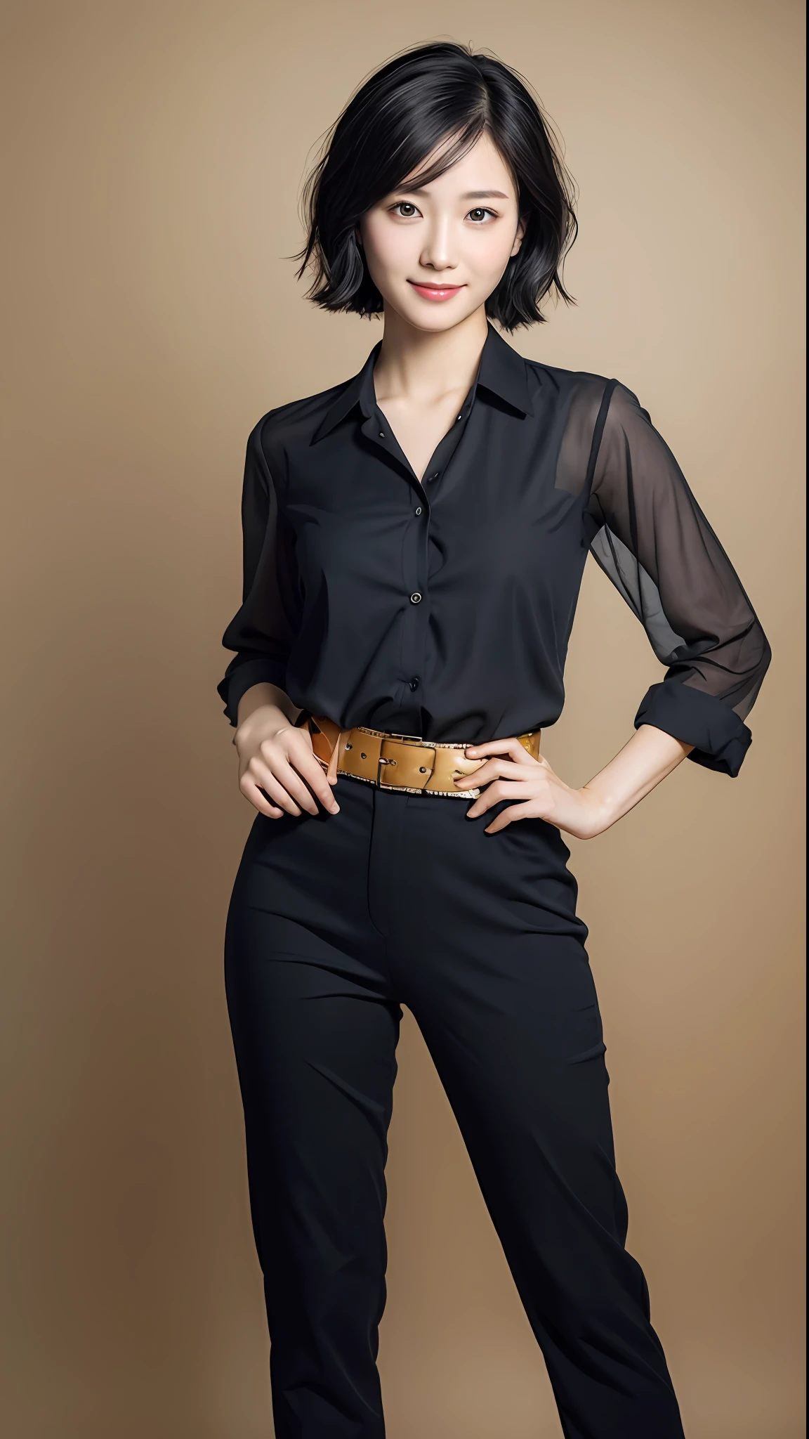 (Masterpiece:1.3), (8K, Photorealistic, RAW Photography, Best Quality: 1.4), Japan People, (1 Girl), Beautiful Face, (Realistic Face), (Black Hair, Short Hair:1.3), Beautiful Hairstyle, Realistic Eyes, Beautiful Details, (Realistic Skin), Beautiful Skin, Attractive, Ultra High Definition, Ultra Realistic, High Detail, Golden Ratio, (Fatal Face:1.2), Look at the Beholder,Smile, open white shirt, middle chest, standing, hands on hips, full body