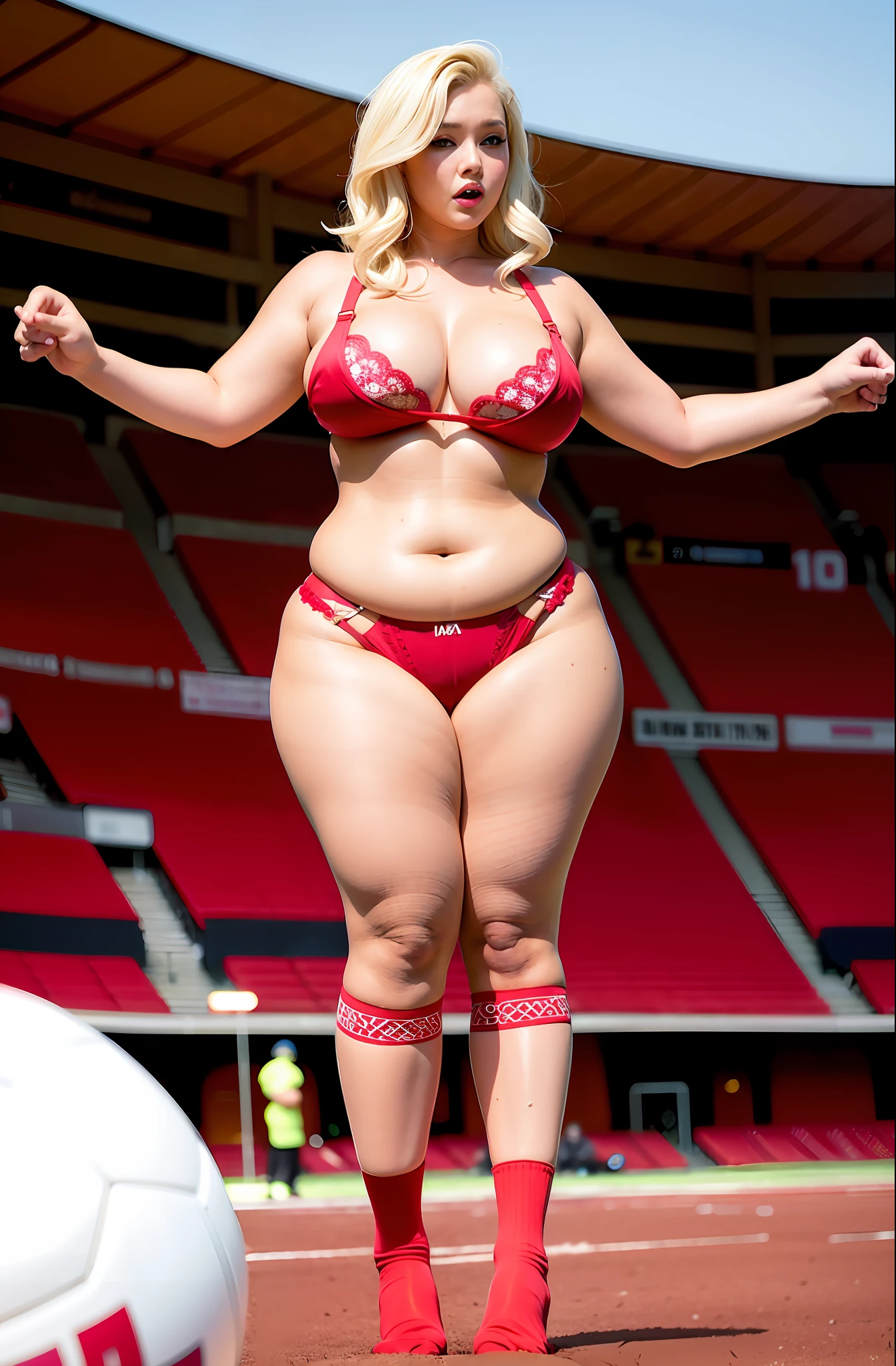 Blonde goddess, fat plus size model, in sexy red lingerie and socks, big ass, in football stadium, back, back, crowd, sexy red lingerie, sexy girl, stunning view, provocation, very sexy, sensual and seductive, very sexy outfit, full length, crowd, realistic, back