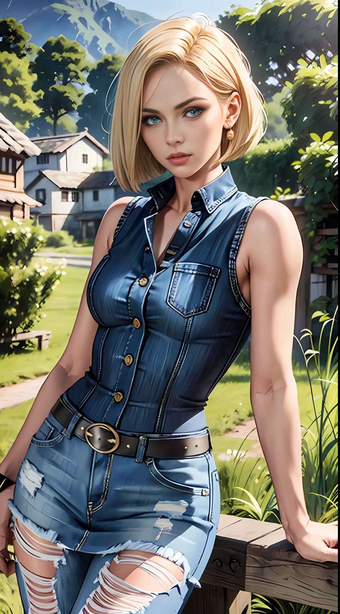 woman in her 20s, (android_18), (perfect face), defined jawline, beautiful lips, (short blonde straight bob cut hair), (beautiful bright blue eyes), (perfect anatomy), athletic body, (sexy), (perfect hands), (hands on waist), small simple gold earrings, (black shirt under unbuttoned blue denim vest), (long white striped sleeves), (denim skirt), (black pants), (medium shot photograph), (countryside village background), photorealistic