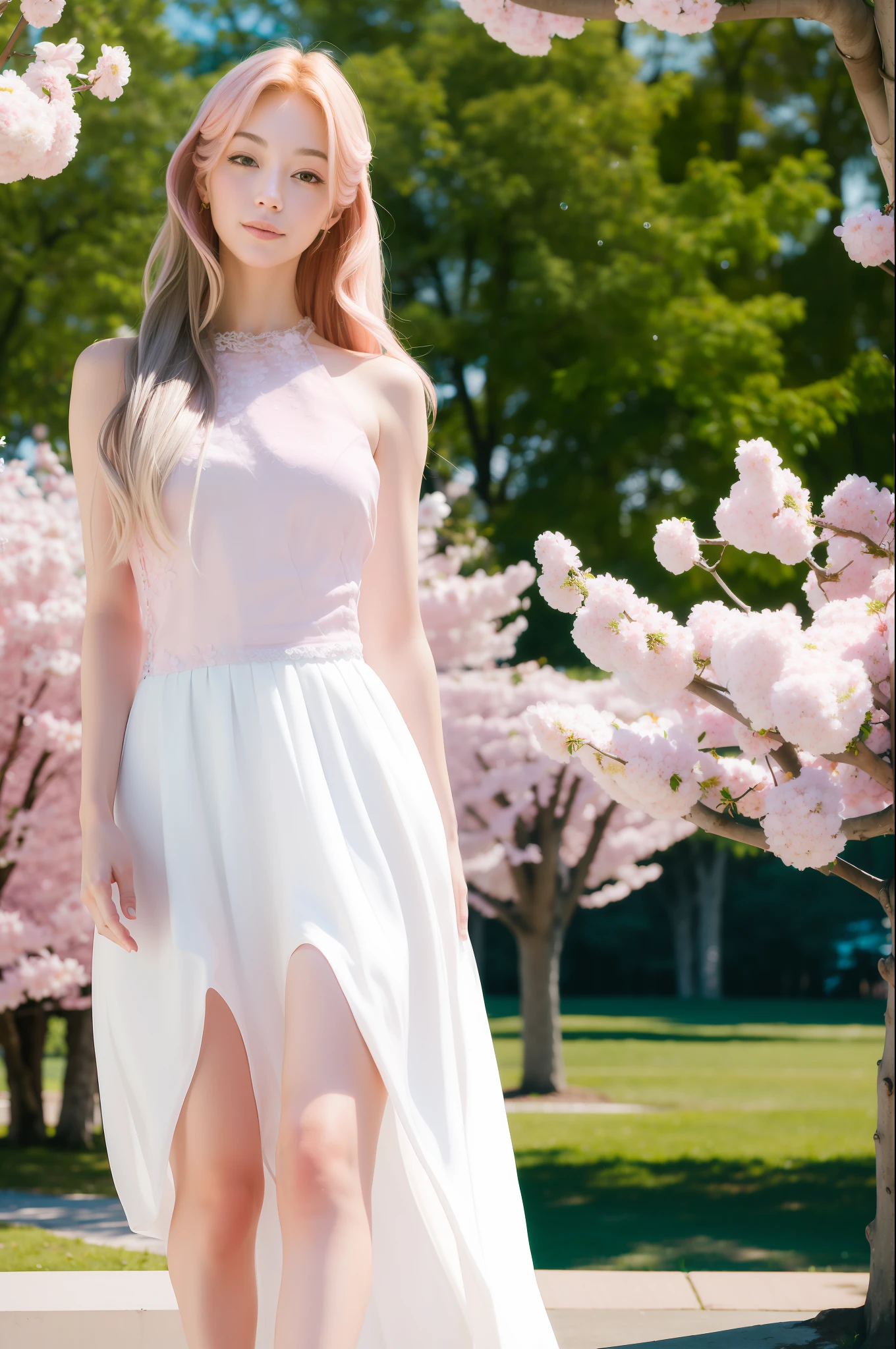 (masterpiece, best quality, perfect anatomy, nice hands:1.2), 1girl, solo, beautiful girl walking in the park, pink long hair, delicate white pink dress, summer, flowering trees, sakura, green grass, park