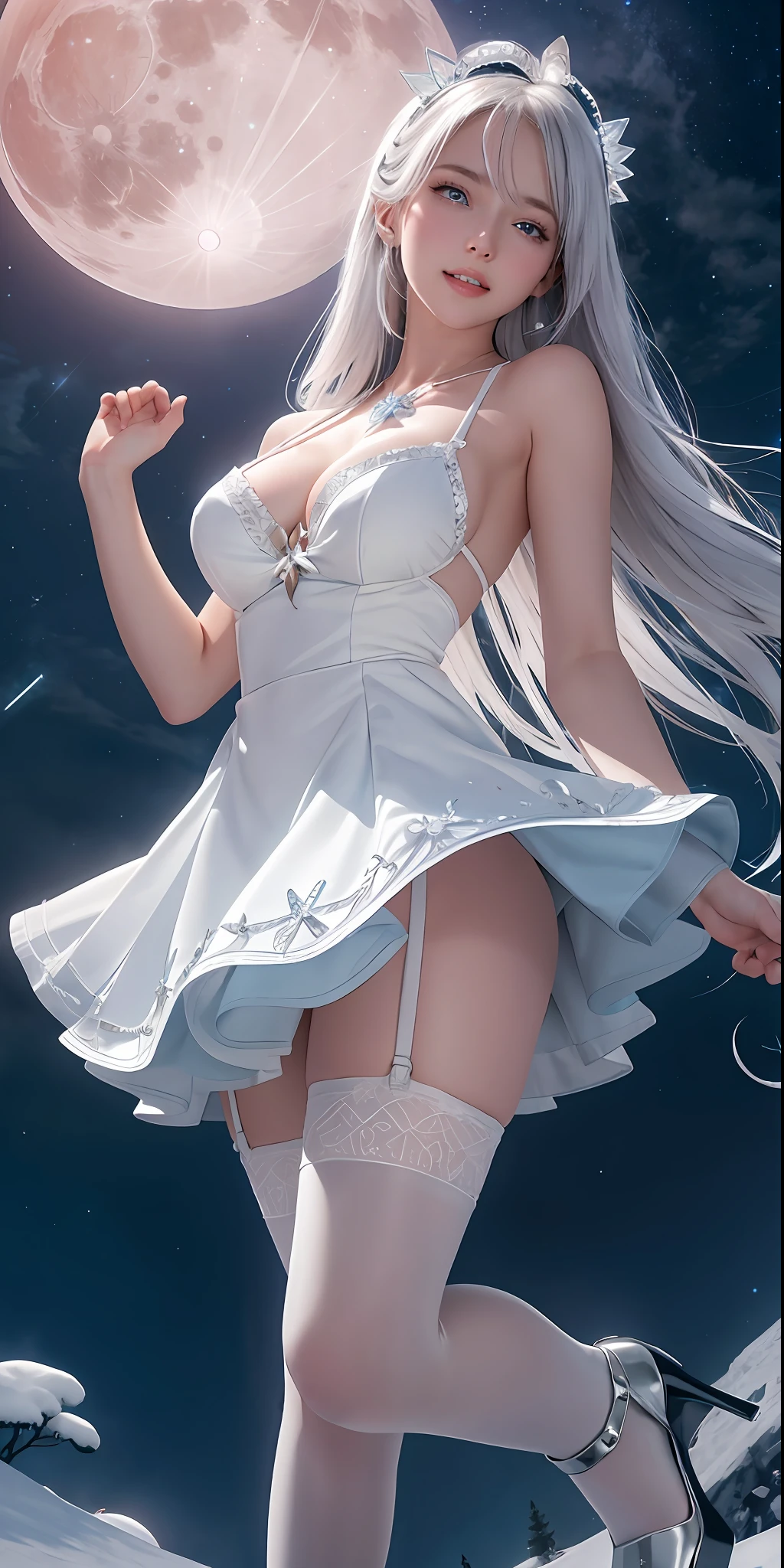 White gradation of hair, from below, mini skirt to lift, inner, chillerism, teeth, night sky, beautiful healing face, blue eyes, cleavage, garter belt, open high heels, shiny skin, game CG, nearby sky, moonlight, red moon, white shining castle, mini dress glass magical girl beauty, intricate surface details, crystal core, ethereal fantasy, real, Fiction, Full HD, 8K photos