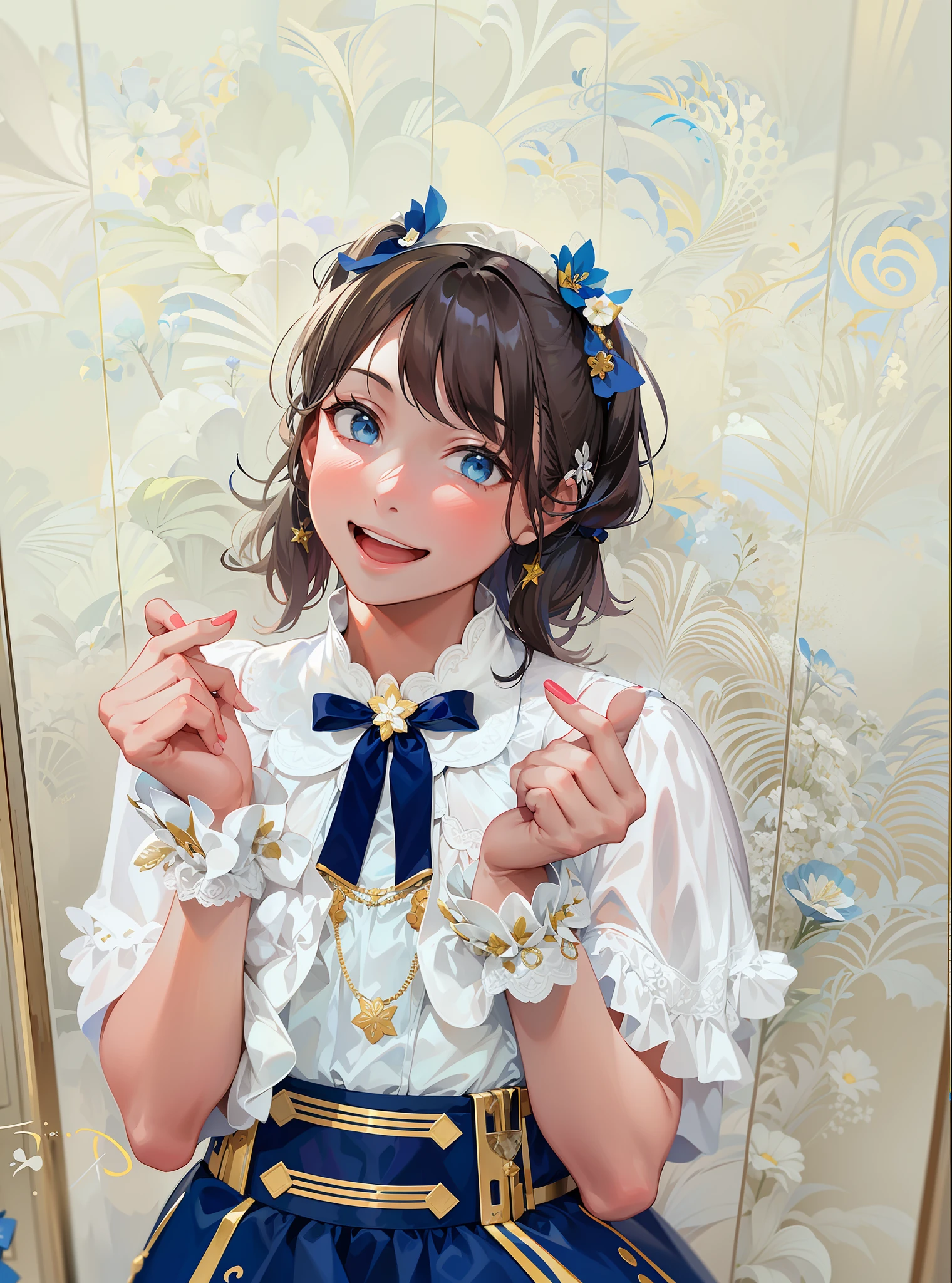 Young woman in blue and white dress posing for photo, twin tails, mouth closed, smiling