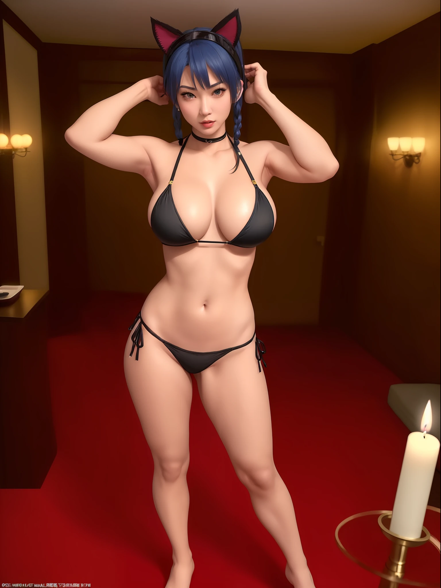 (full-body photo/looking at the viewer:2), (Kawaii/Woman:1.5), (extremely gigantic breasts:1.5), (wearing a black thong bikini with gold parts:1.3), (striking sexy poses inside a hotel room with the lights off cleared by candles, she's in front of the bedhanger:1.5), (she has short blue hair with thick braids:1.3), (she has light green eyes+cat ears:1.3), (Grimacing:1.5), (body/head/thong bikini:1.3), Mortal Kombat, Horror, Vampire, Masterpiece, high resolution, high quality, textured skin, grimace, Eye-Level Shot, Anime, Realism, Hyperrealism, film grain, 16k, 16k, UHD, masterpiece, anatomically correct, best quality, high details
