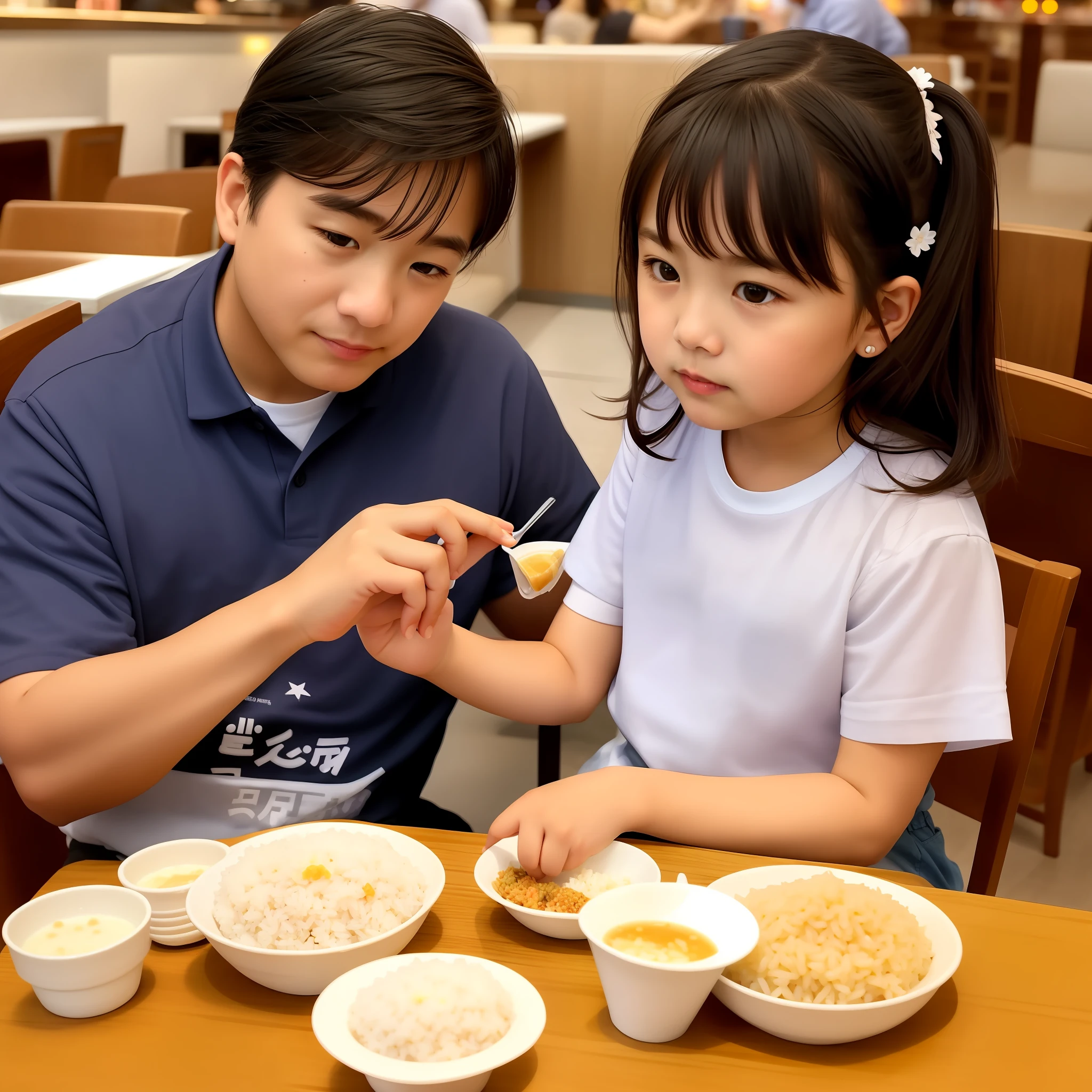 Middle-aged uncle and  eating rice in the restaurant