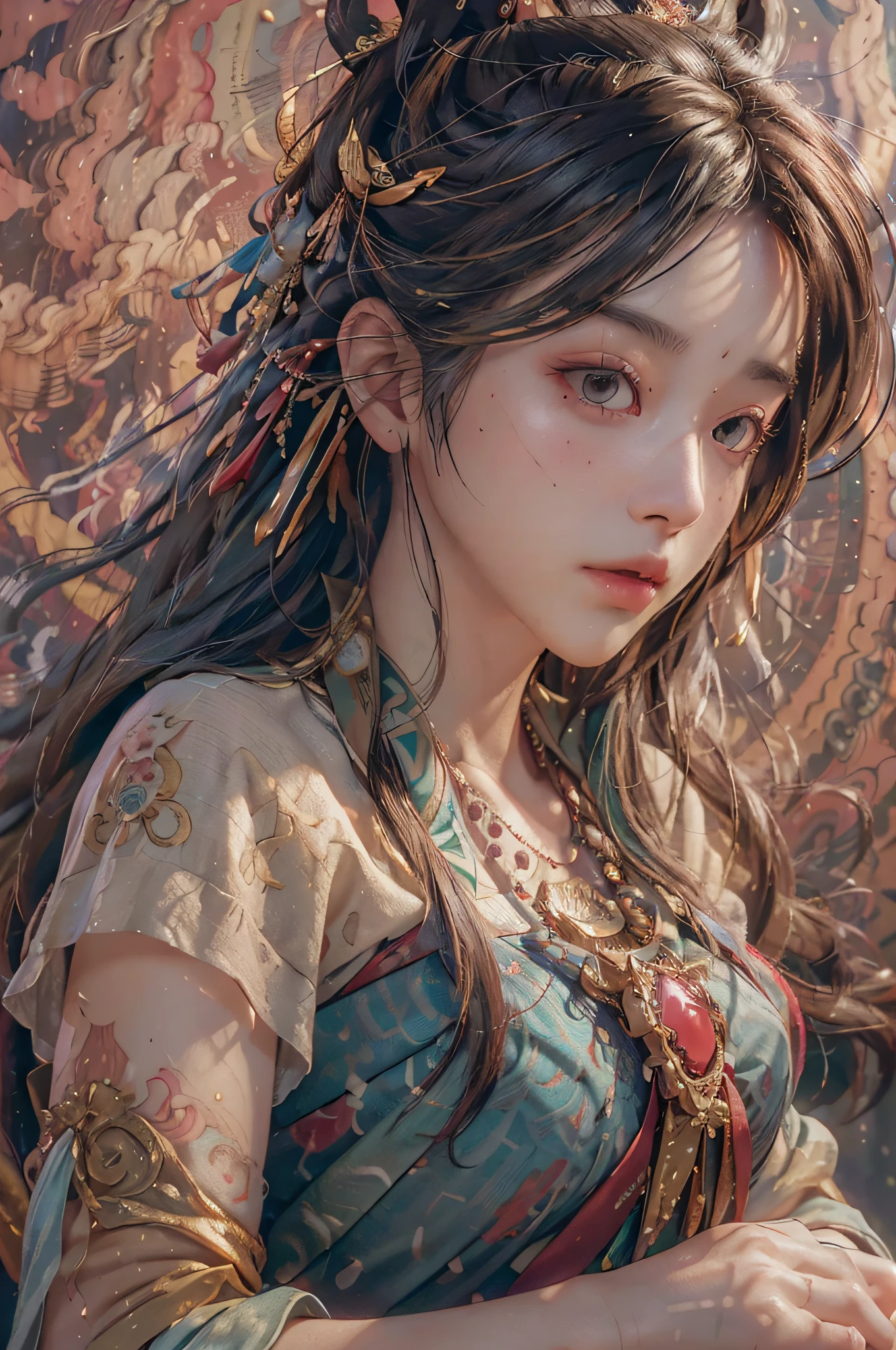 (RAW photo, best quality), (realistic, photo-realistic:1.3),best quality,highly detailed,masterpiece,ultra-detailed,illustration,1girl,upper_body,dynamic angle,world masterpiece theater,messy_long_hair,best quality,extremely detailed CG unity 8k wallpaper,ink,Amazing,cinematic lighting,lens_flare, dunhuang_style