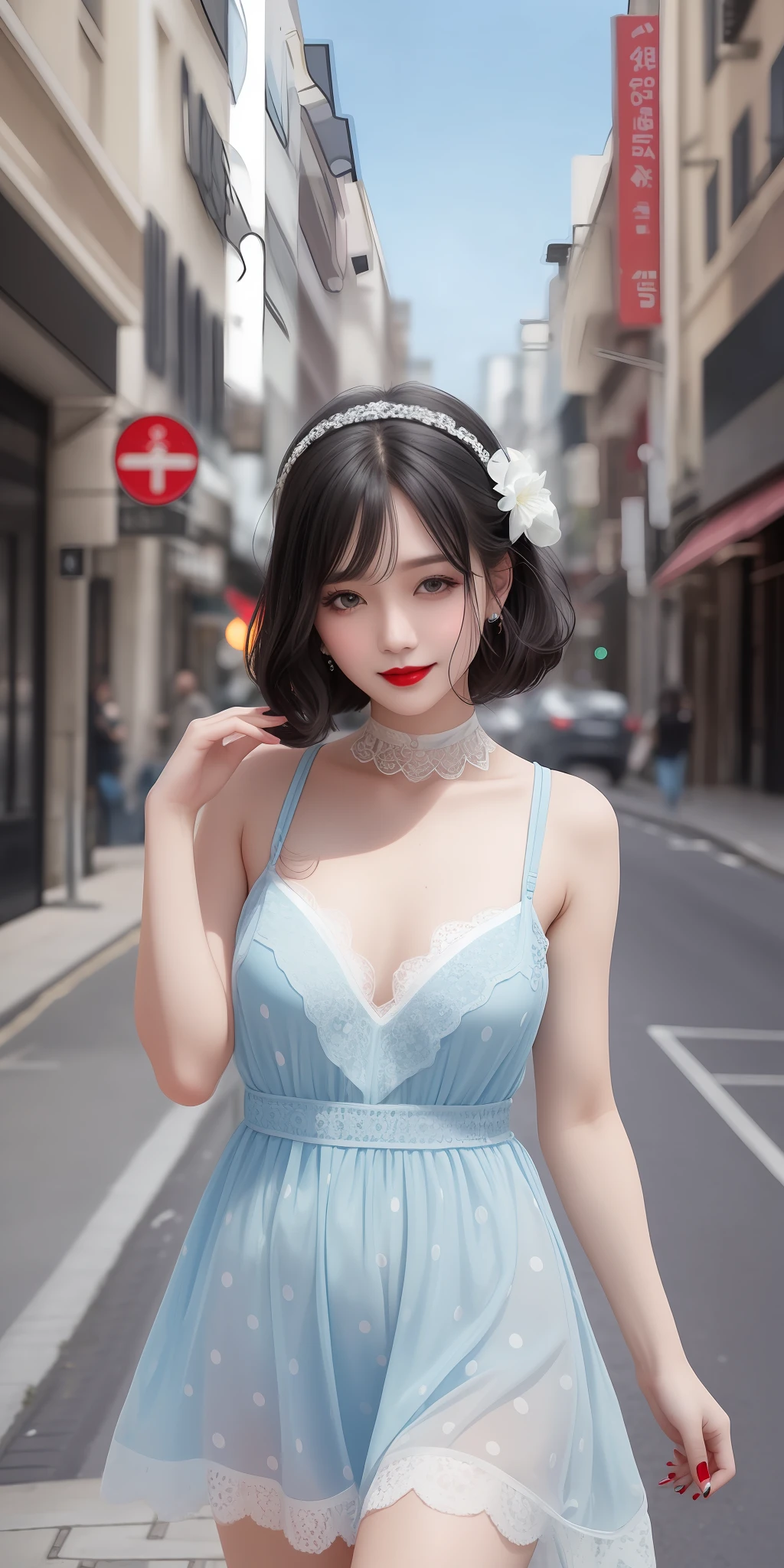 a girl in a water blue with white polka dots chiffon summer dress, , solo, ovel face, pale skin, Detailed skin, skin pores, real skin, street, looking at away, kpop idol, idol make up, puffy eyes, dynamic pose, lace choker, lace stockings, medium hair, messy hair, air bangs, light pink hair:1, black eyeshadow, long eyelashes, red lip, street smiling, outdoors, walk, street background