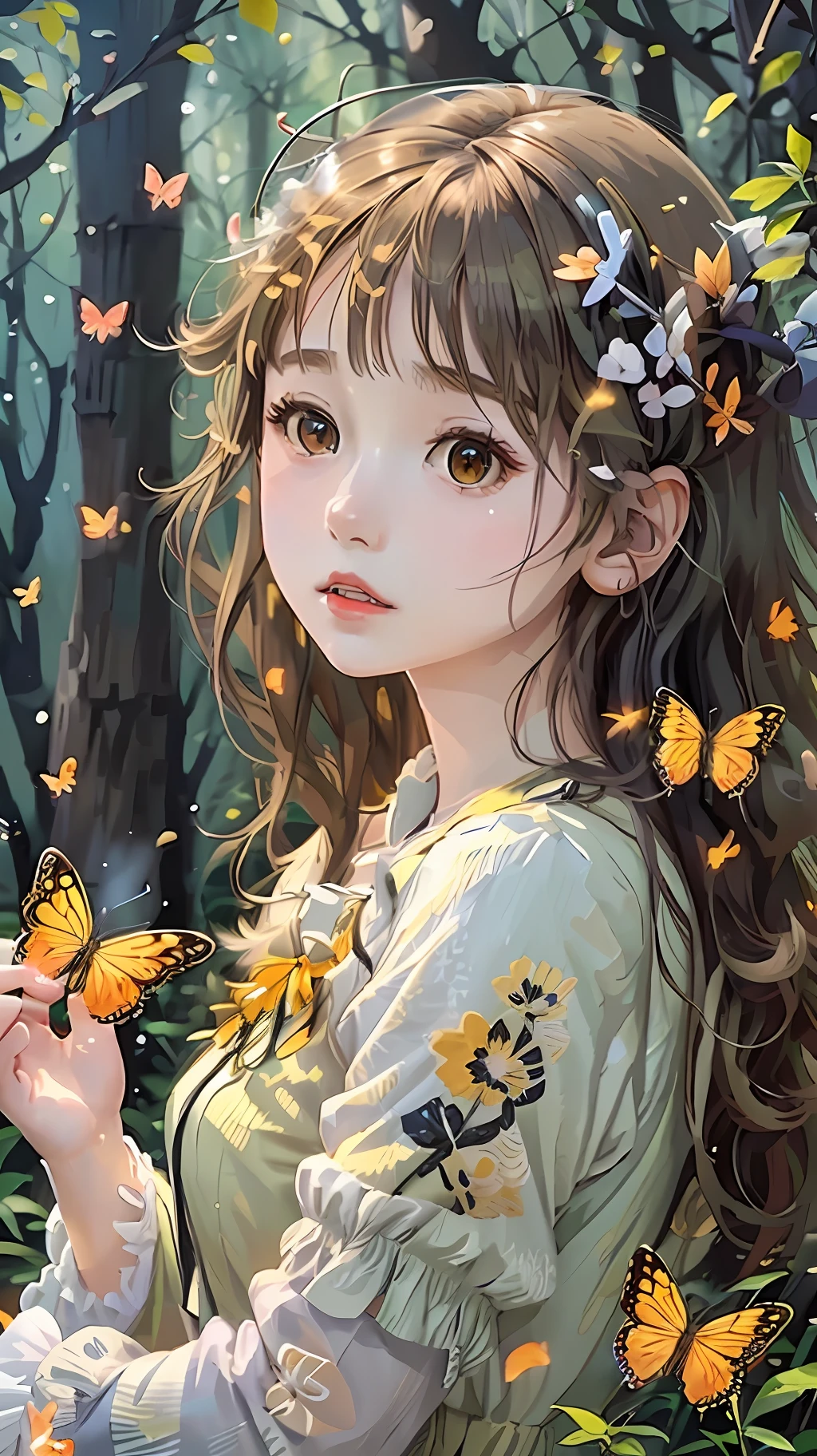 Anime girl in the forest with butterflies in her hair in glowing and fantastic scene style, yellow and brown, animated GIFs, delicate flowers, realistic brush strokes, stars, deep white and yellow