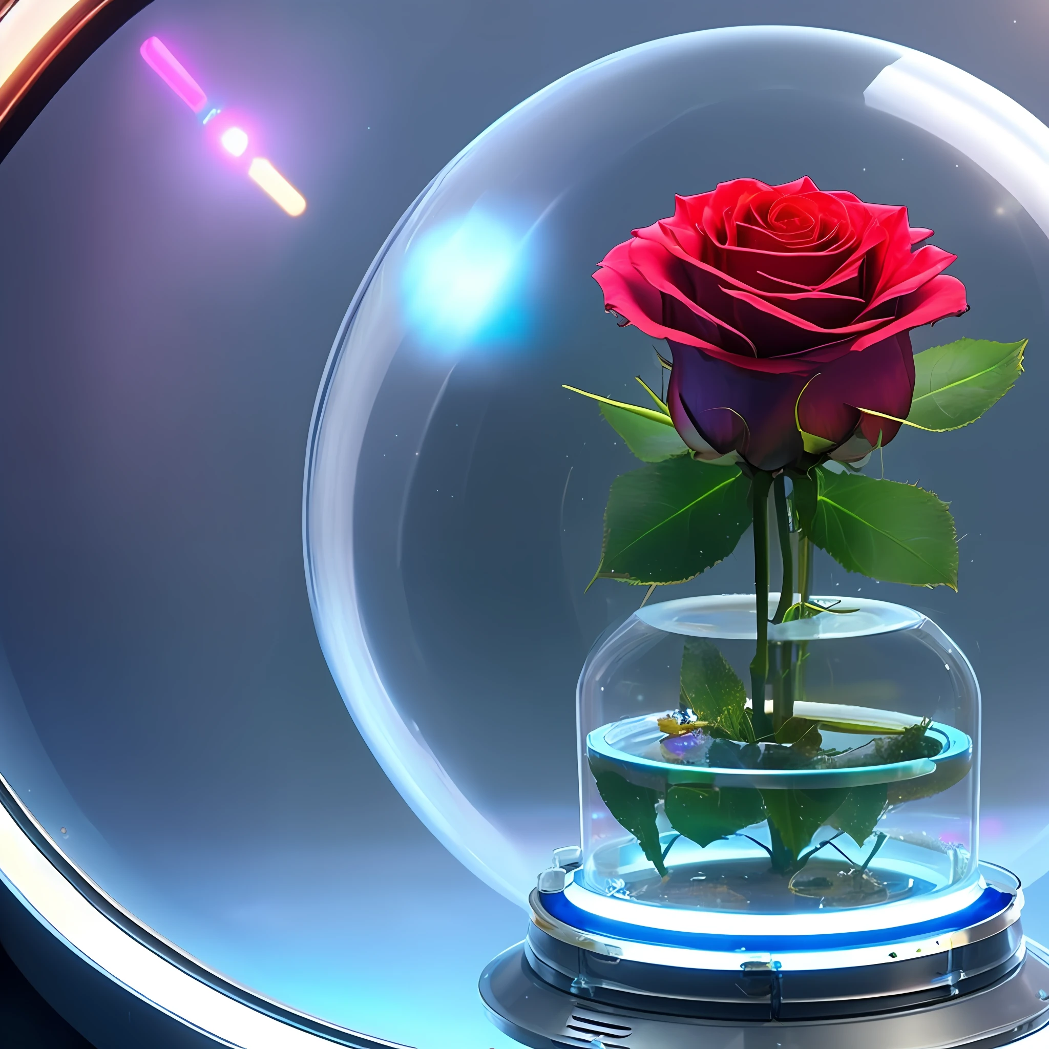 there is a rose floating in a glass dome on a music box base, melanchonic rose soft, elegant and graceful light, red rose, transparent glass vase, elegant lady, glass domes, natural point rose', beautifully lit, elegant light, graceful and elegant, rosalia, glass dome, beautiful illuminated, in a short round glass vase,  giant mechanical rose, science fiction, invention, scifi, retrofuturism