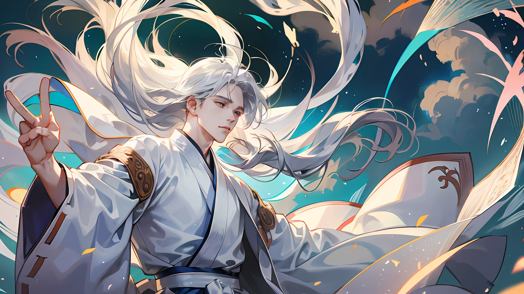 A boy, white Hanfu, long silver hair, delicate eye portrayal, handsome, fairy fluttering, ancient style, mist, floating, wide robe with large sleeves, dynamic pose, dramatic composition, fluttering hair, paper fan, extreme detail, high resolution