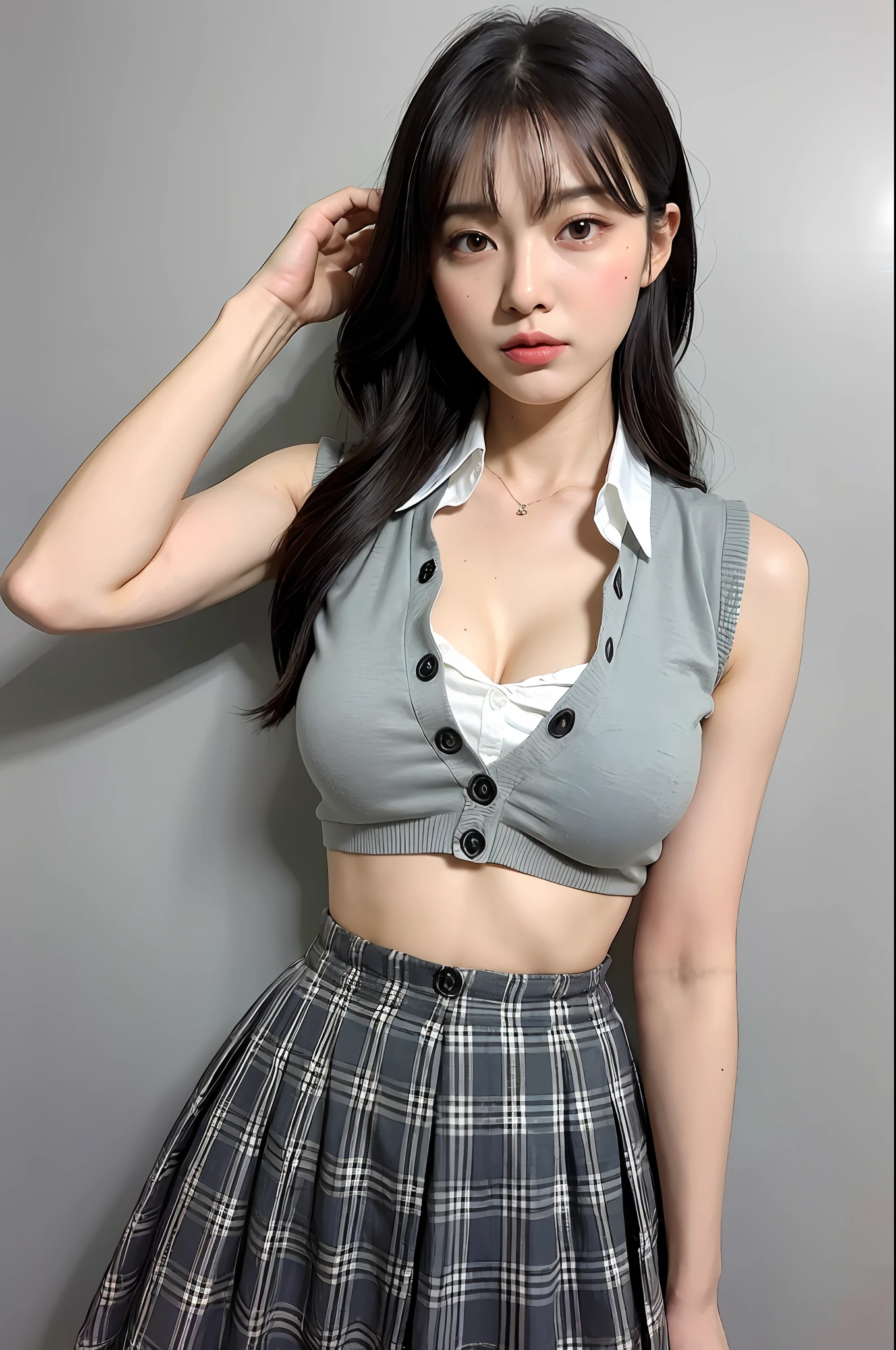 Masterpiece, Best Quality, (Realism, Realism: 1.37), 8K, An Extremely Refined and Beautiful, Amazing, Fine Details, Official Art, Ridious, Incredibly Ridious, Huge File Size, Ultra Detailed, Very Detailed, Beautiful Detailed Girl, Very Detailed Eyes and Face, Beautiful Detailed Eyes, Light on Face, NSFW, 1girl, Gray Hair, (Perfect Female Figure), Thin Waist, (Kpop Idol), (Aegyo Sal: 1), Full Body, Big breasts, buttons snapping, clothes cracking, standing, school uniform, plaid skirt, collared shirt, sleeveless, bare arms, abdomen, unbuttoned, cardigan, bangs, female expression, ulzzang-6500-v1.1