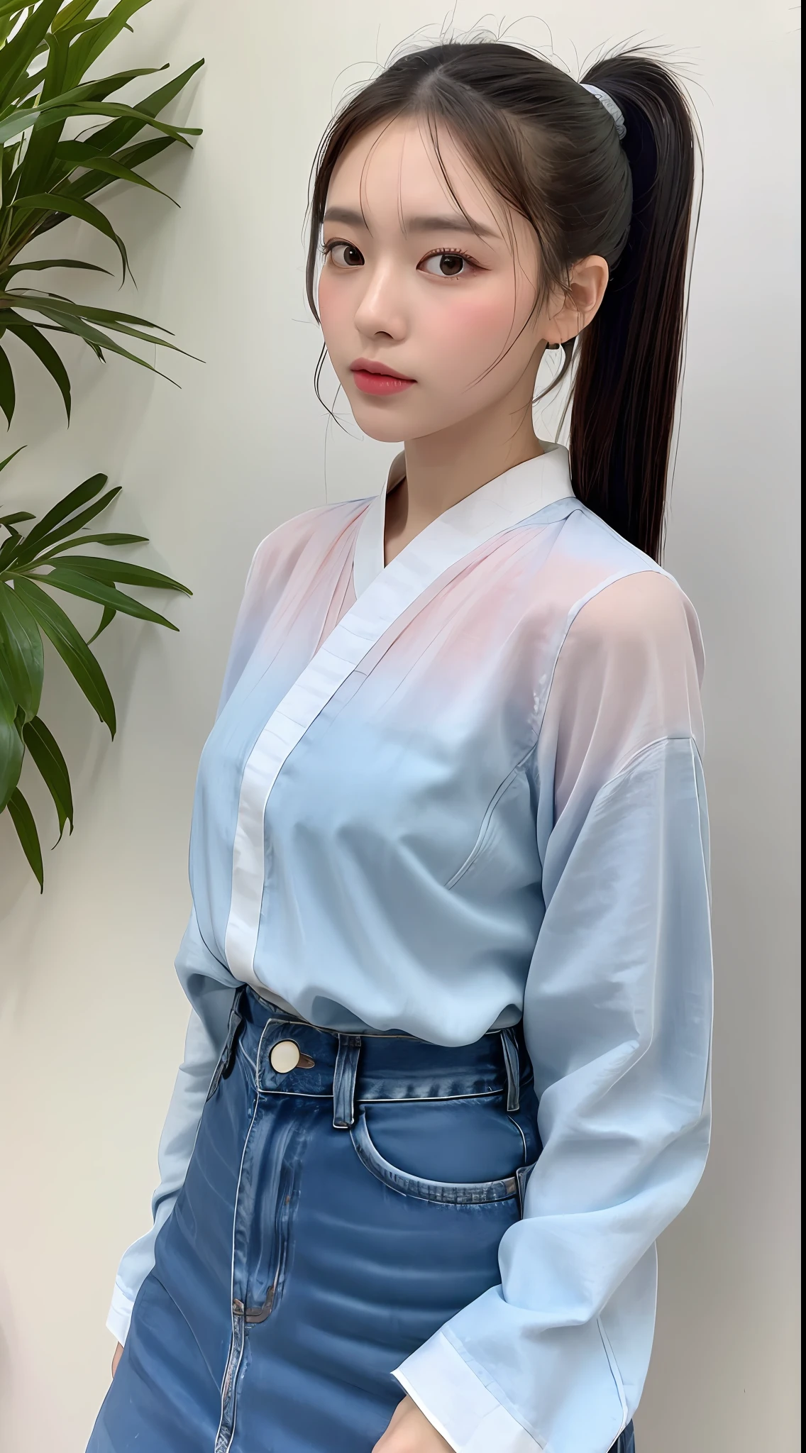 Ultra High Resolution, Best Quality, Photo, 4K, (Realisticity: 1.4), 1Girl, High Ponytail, Hanfugirl, Colorful Hanfu, Lace Print, Arms at Back, Gradient Hair, Surrealism, Shadow, Stereogram, Stereogram, Tachi-E, PoV, Atmospheric Perspective, Denim Lens, Sony FE GM, 8k, Super Detail, Ccurate, Best Quality,