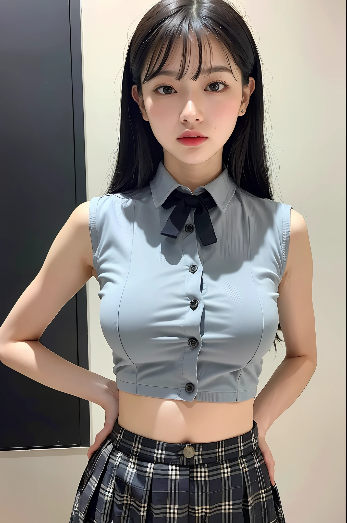 Masterpiece, Best Quality, (Realism, Realism: 1.37), 8K, An Extremely Refined and Beautiful, Amazing, Fine Details, Official Art, Ridious, Incredibly Ridious, Huge File Size, Ultra Detailed, Very Detailed, Beautiful Detailed Girl, Very Detailed Eyes and Face, Beautiful Detailed Eyes, Light on Face, NSFW, 1girl, Gray Hair, (Perfect Female Figure), Thin Waist, (Kpop Idol), (Aegyo Sal: 1), Full Body, Big breasts, buttons snapping, clothes cracking, standing, school uniform, plaid skirt, collared shirt, sleeveless, bare arms, abdomen, unbuttoned, bangs, female expression, ulzzang-6500-v1.1