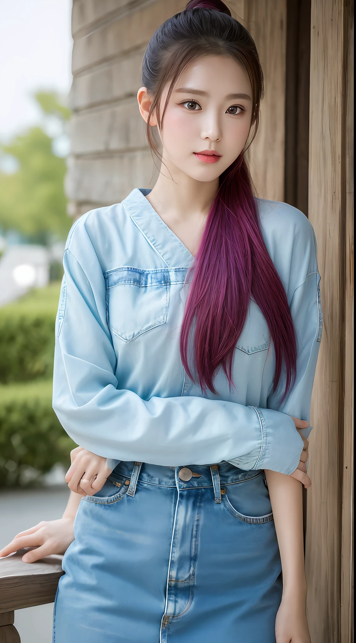 Ultra High Resolution, Best Quality, Photo, 4K, (Realisticity: 1.4), 1Girl, High Ponytail, Hanfugirl, Colorful Hanfu, Lace Print, Arms at Back, Gradient Hair, Surrealism, Shadow, Stereogram, Stereogram, Tachi-E, PoV, Atmospheric Perspective, Denim Lens, Sony FE GM, 8k, Super Detail, Ccurate, Best Quality,