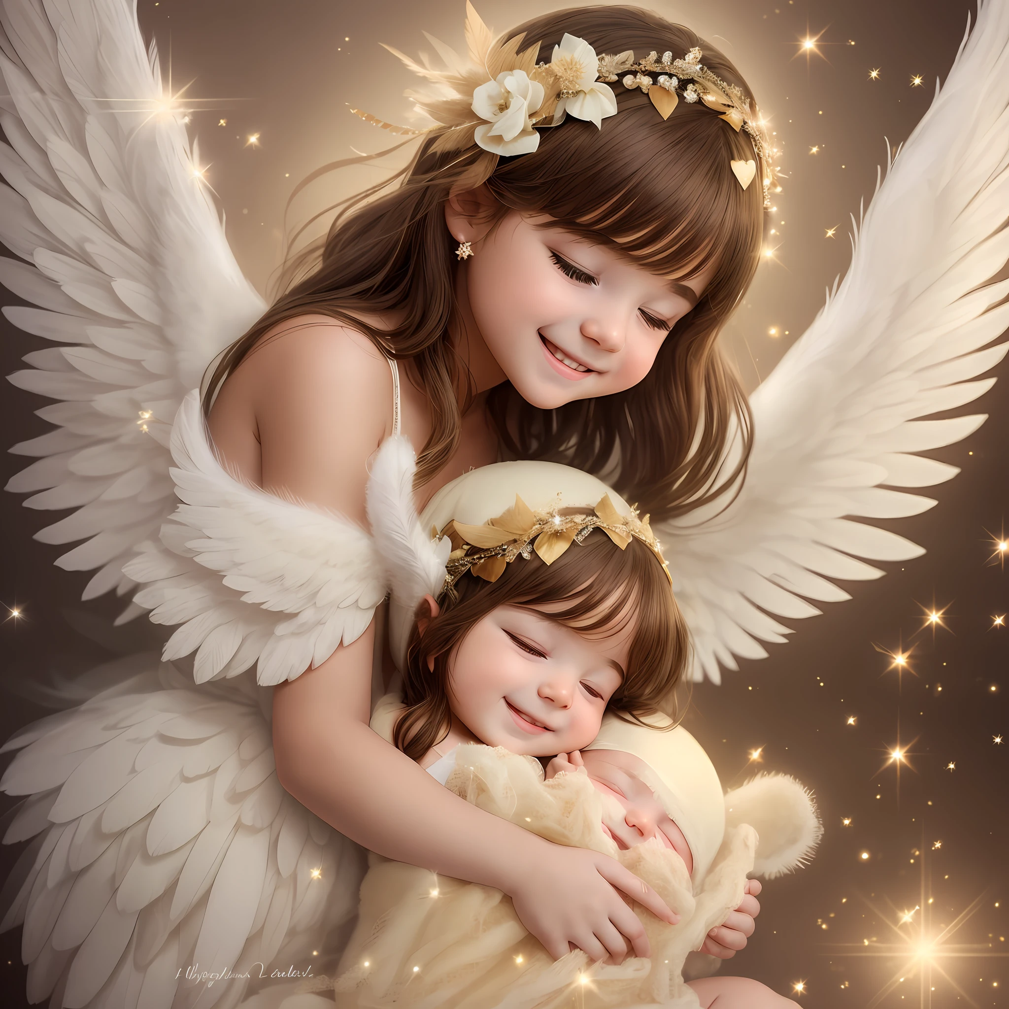 angel, wrapped in love, heavenly, filled, feathers, light, shine, high image quality, mysterious, smile, healing --auto --s2
