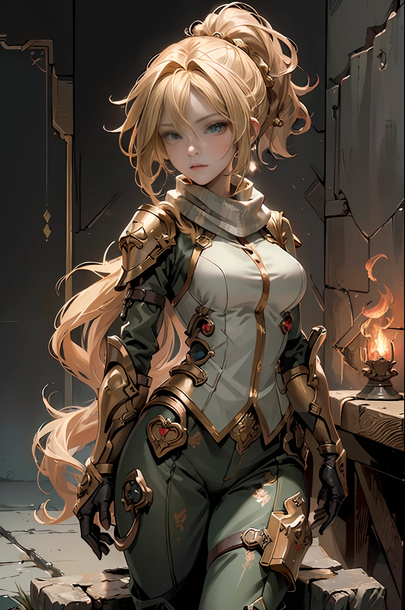(((masterpiece))), ((best quality))), ((ultra-detailed)), (CG illustration), cinematic light, intricate detail, full body, chibi, 1girl, blonde hair, ponytail, golden eyes, (soldier), armor, trident, medium bust, scarf, wallpaper, magic array background, Light particles, fire, fire