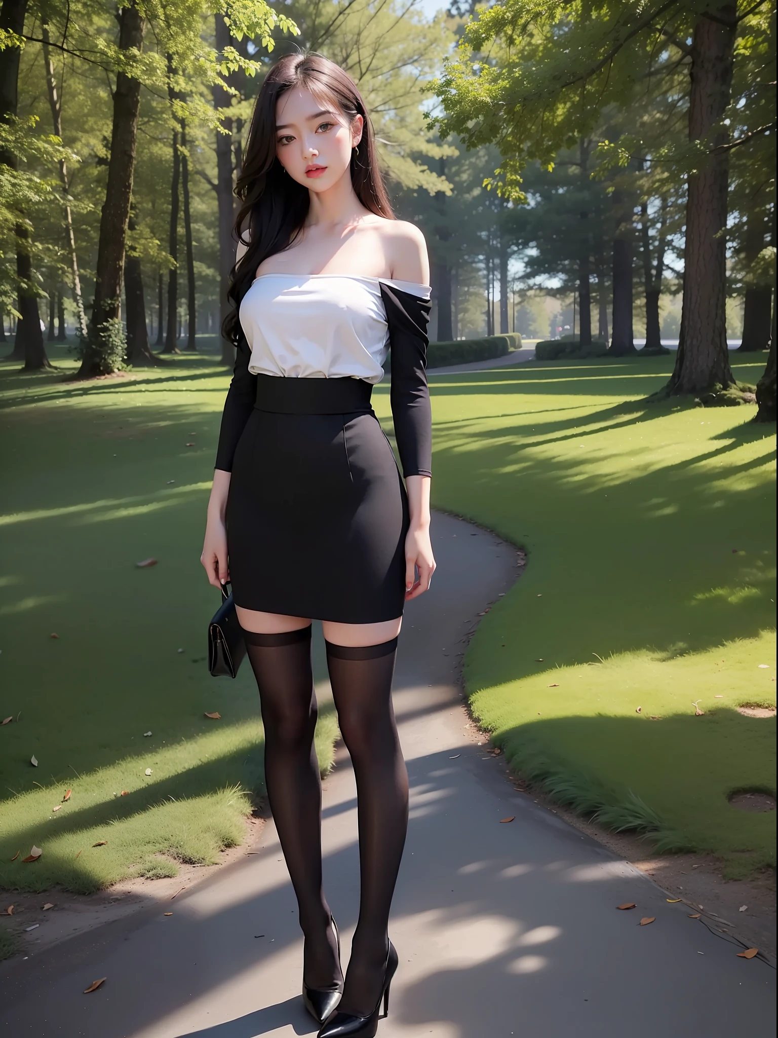 Best Quality, Masterpiece, Ultra High Resolution, (Realism: 1.4), Original Photo, 1girl, Stand Straight, Full Body, Offshoulder, In the Dark, Deep Shadows, Low Key, Cold Light, In the Park, Black Stockings, High Heels, Pro Wear, Dynamic Pose