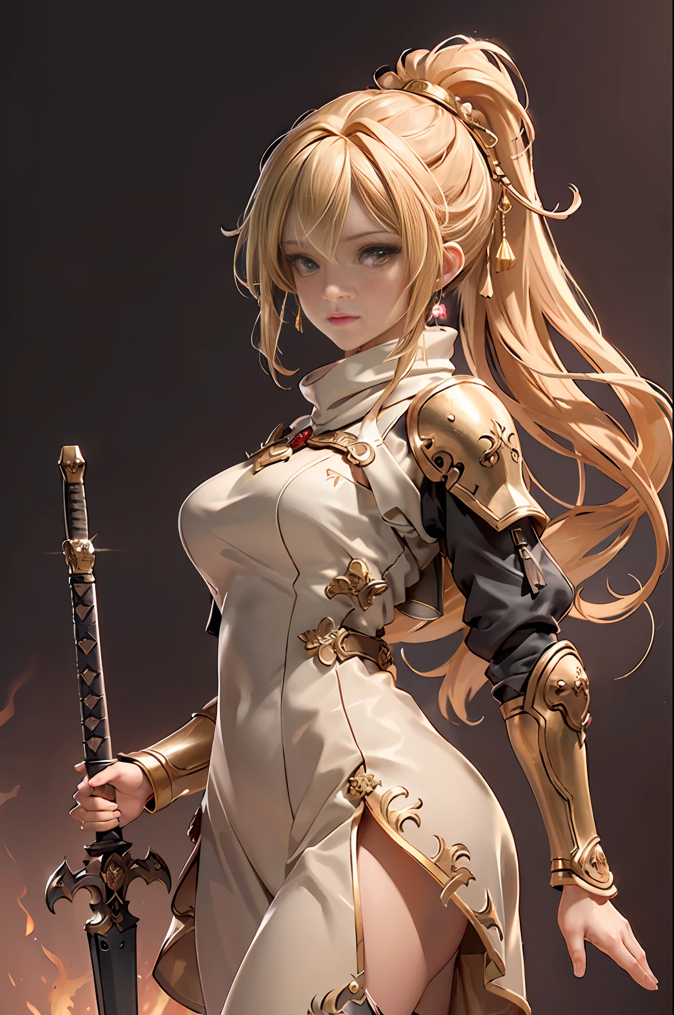 (((masterpiece))), ((best quality)), ((ultra-detailed)), (CG illustration), cinematic light, intricate detail, full body, chibi, 1girl, blonde hair, ponytail, golden eyes, metal mask helmet, (soldier), heavy metal armor, wielding a sword, medium bust, scarf, wallpaper, magic array background, light particles, fire, fire