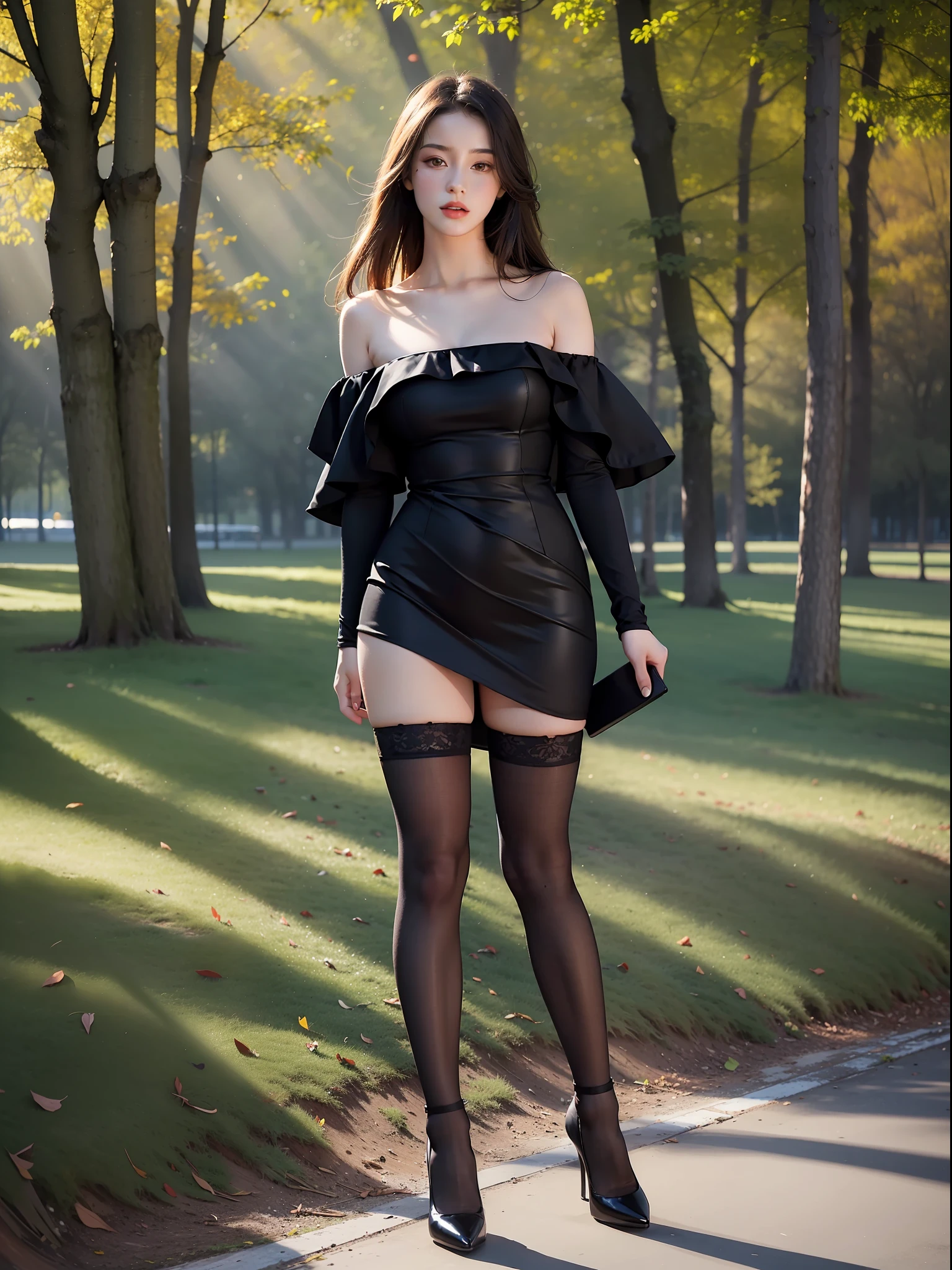 Best Quality, Masterpiece, Ultra High Resolution, (Realism: 1.4), Original Photo, 1girl, Stand Straight, Full Body, Offshoulder, In the Dark, Deep Shadows, Low Key, Cold Light, In the Park, Black Stockings, High Heels, Pro Wear, Dynamic Pose