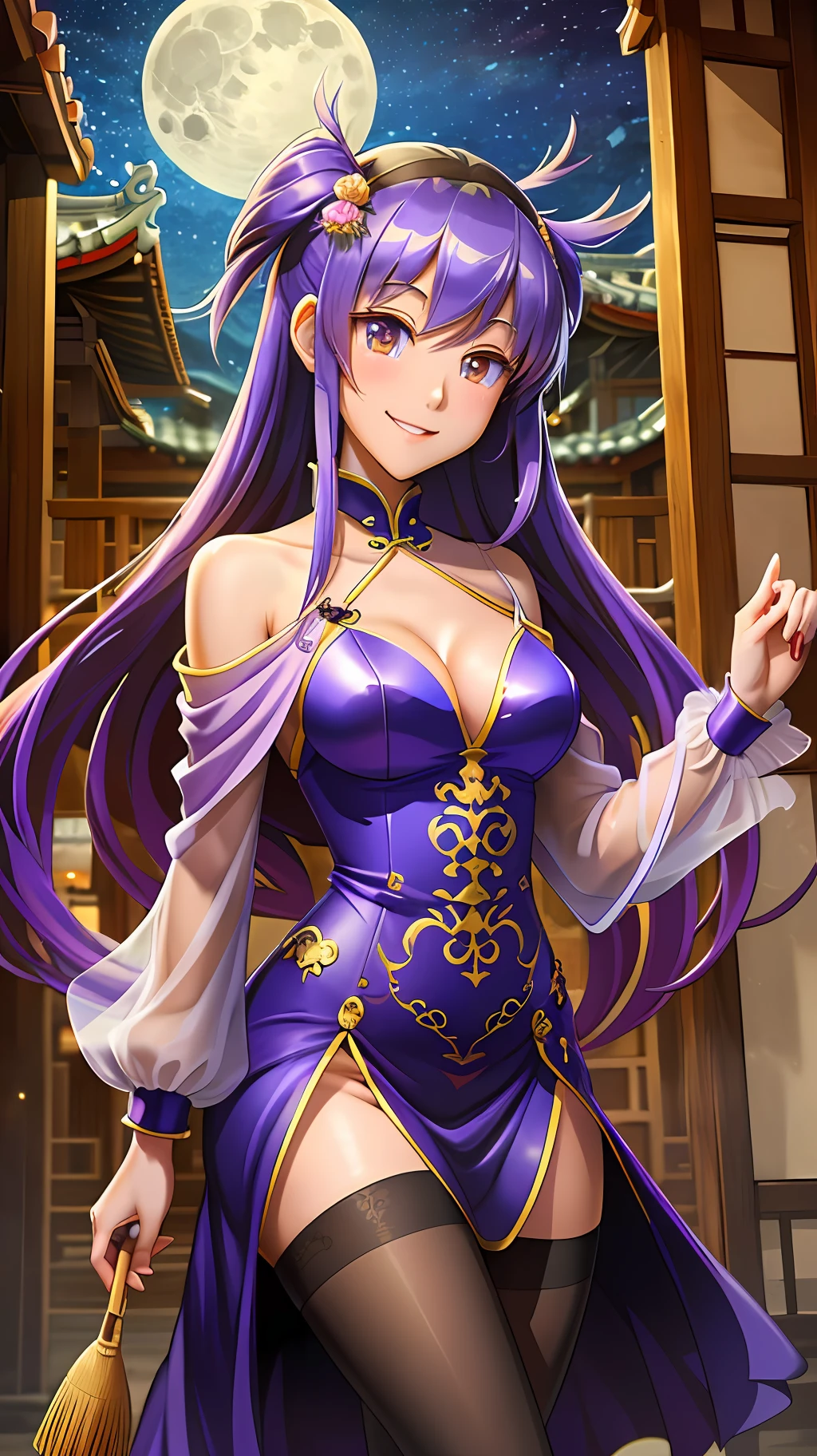 ((Masterpiece, Best Quality, Anime, Illustration)), 1 Girl, 1 Boy, Yunjin Definition, Smile, Purple hose, Long Dress, Night, Full Moon, Village, (Chinese Architecture: 1.3),