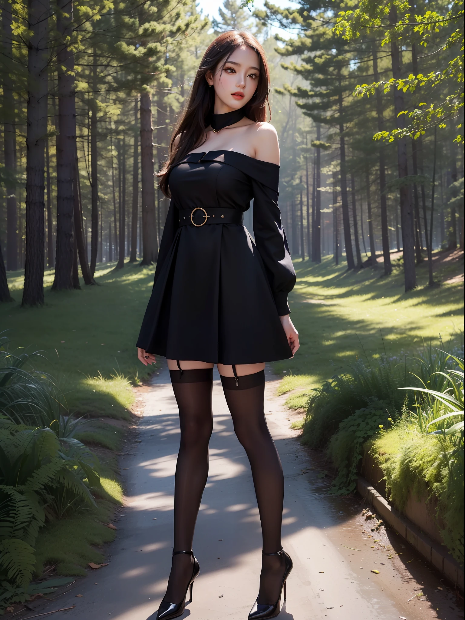 Best Quality, Masterpiece, Ultra High Resolution, (Realism: 1.4), Original Photo, 1girl, Stand Straight, Full Body, Offshoulder, In the Dark, Deep Shadows, Low Key, Cold Light, In the Park, Black Stockings, High Heels, Pro Wear, Dynamic Pose