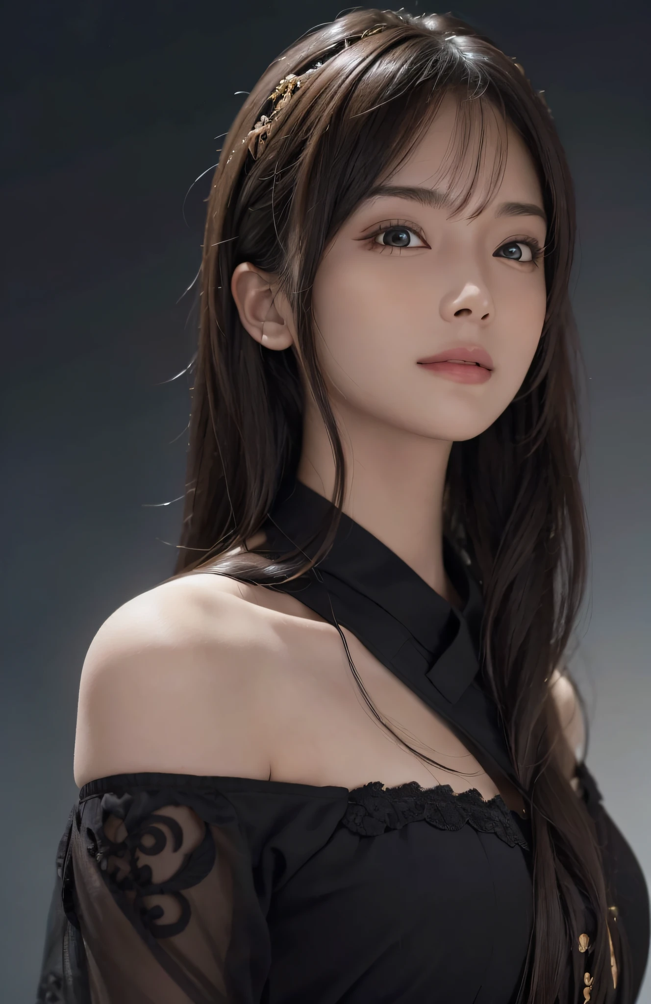 (Ultra Realistic), (Illustration), (Increased Resolution), (8K), (Extremely Detailed), (Best Illustration), (Beautiful and Detailed Eyes), (Best Quality), (Ultra Detailed), (Masterpiece ), ( wallpaper), (detailed face), solo, 1 girl, looking at viewer, fine details, detailed face, in the dark, deep shadows, low key, pureerosfaceace_v1, smiling, long hair, black shawl straight hair , 46 points oblique bangs