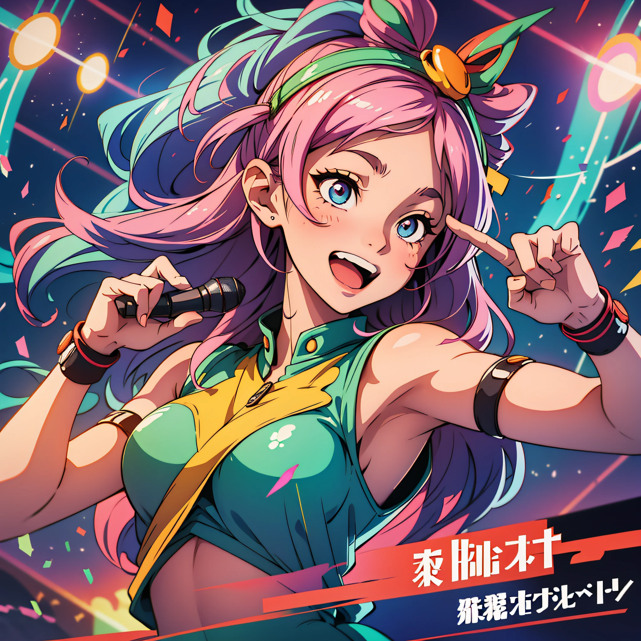 A beautiful anime-style illustration of a girl singing in a karaoke with a dynamic pose and a smiling face. The image captures the energy and excitement of the moment as the girl fully immerses herself in the music. Her eyes sparkle with enthusiasm and her hair playfully sways to the rhythm of the song. The background is adorned with bright lights and striking visual effects, enhancing the lively and festive atmosphere of the karaoke. Every detail, from her facial expression to the folds of her clothing, is meticulously drawn in the distinctive anime style, bringing the scene to life in a charming and captivating way.