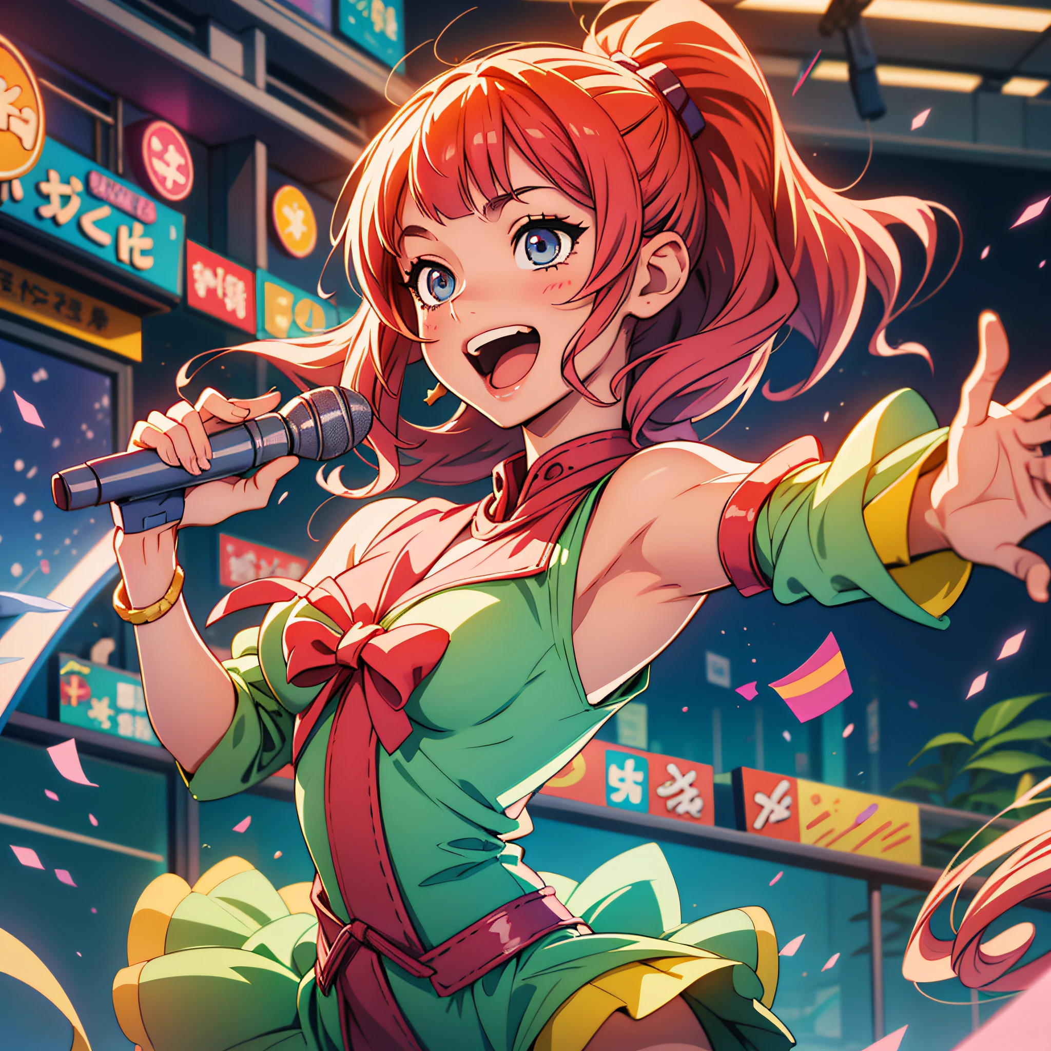 A beautiful anime-style illustration of a girl singing in a karaoke with a dynamic pose and a smiling face. The image captures the energy and excitement of the moment as the girl fully immerses herself in the music. Her eyes sparkle with enthusiasm and her hair playfully sways to the rhythm of the song. The background is adorned with bright lights and striking visual effects, enhancing the lively and festive atmosphere of the karaoke. Every detail, from her facial expression to the folds of her clothing, is meticulously drawn in the distinctive anime style, bringing the scene to life in a charming and captivating way.