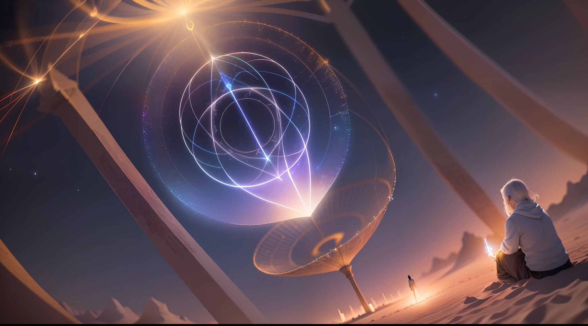 In the image, enlightened spirits illuminating a spiritist meeting with participants in the desert, showing in the image transmission of messages between the spiritual and physical planes, a lot of concentration of the participants and lights of the spirits realistic image, lights, lighting, high details, 8k, high-quality:: dof, --ar 2:1