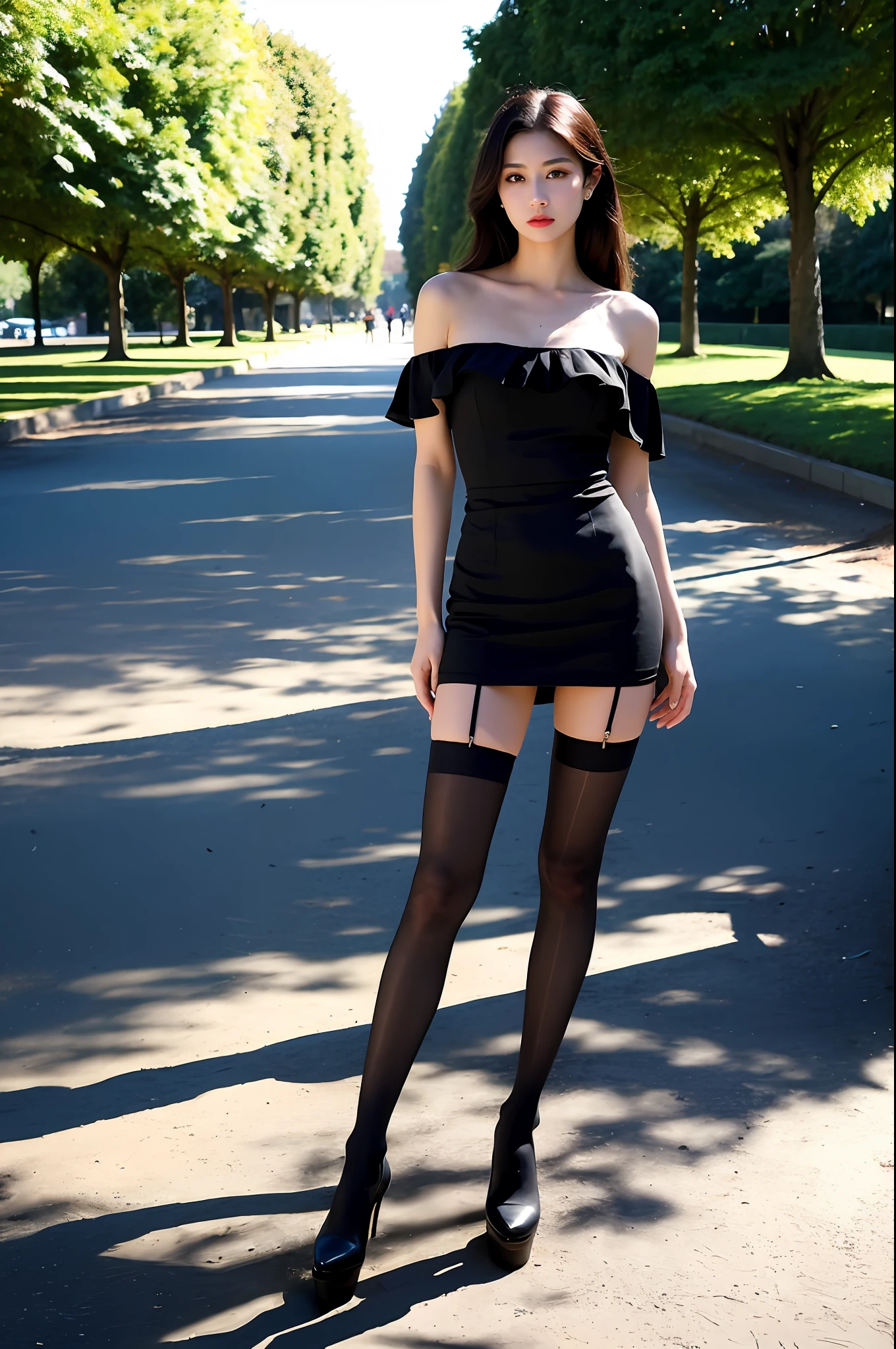 Best Quality, Masterpiece, Ultra High Resolution, (Realism: 1.4), Original Photo, 1girl, Stand Straight, Full Body, Offshoulder, In the Dark, Deep Shadows, Low Key, Cold Light, In the Park, Black Stockings, High Heels, Pro Wear, Dynamic Pose