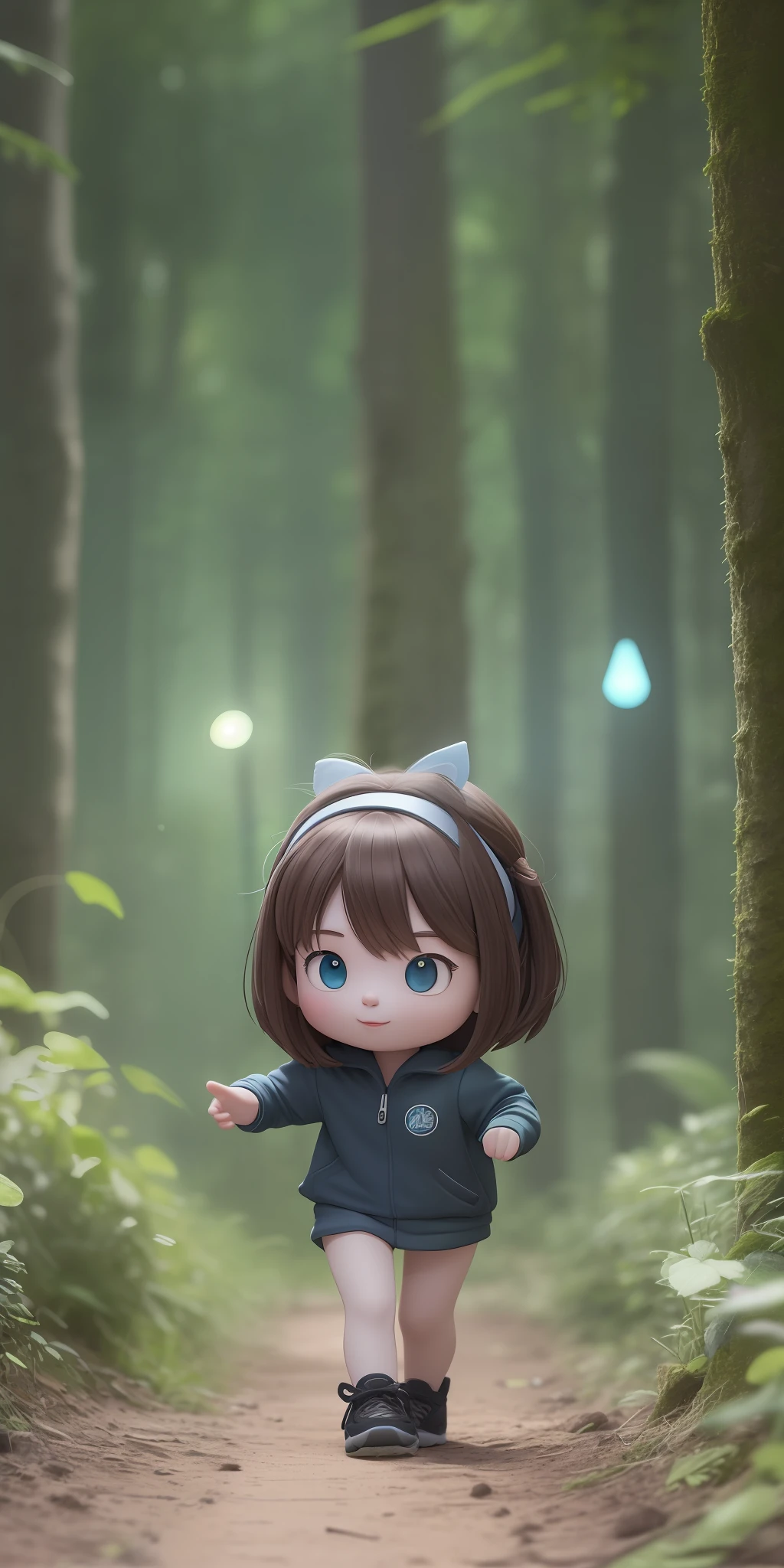 a very cute girl;in a forest;at night;exploring; running; 3d art,c4d; octane render, ray tracing; popmart blind box; clay material; Pixar trend; animation lighting; depth of field; ultra detailed