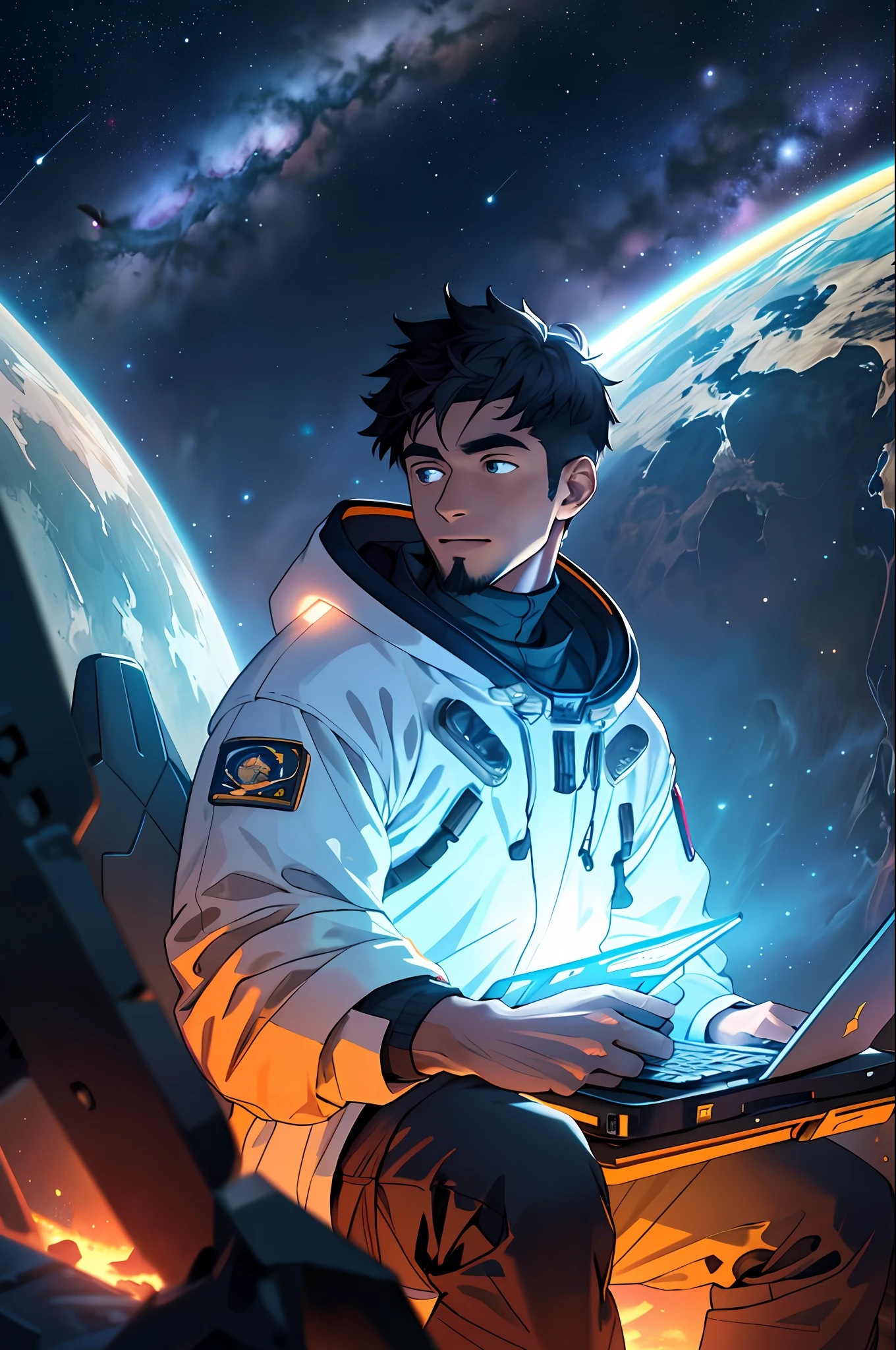 Draw a young astronaut sitting on a research platform floating in the middle of an asteroid belt. He is studying with a laptop, surrounded by several asteroids glowing with auras of fire. The dramatic illumination of distant stars and planets illuminates the scene, casting deep shadows on the costume. The young man seems confident and determined, looking at the vast and mysterious universe with admiration and respect, beard, cowboy shot,