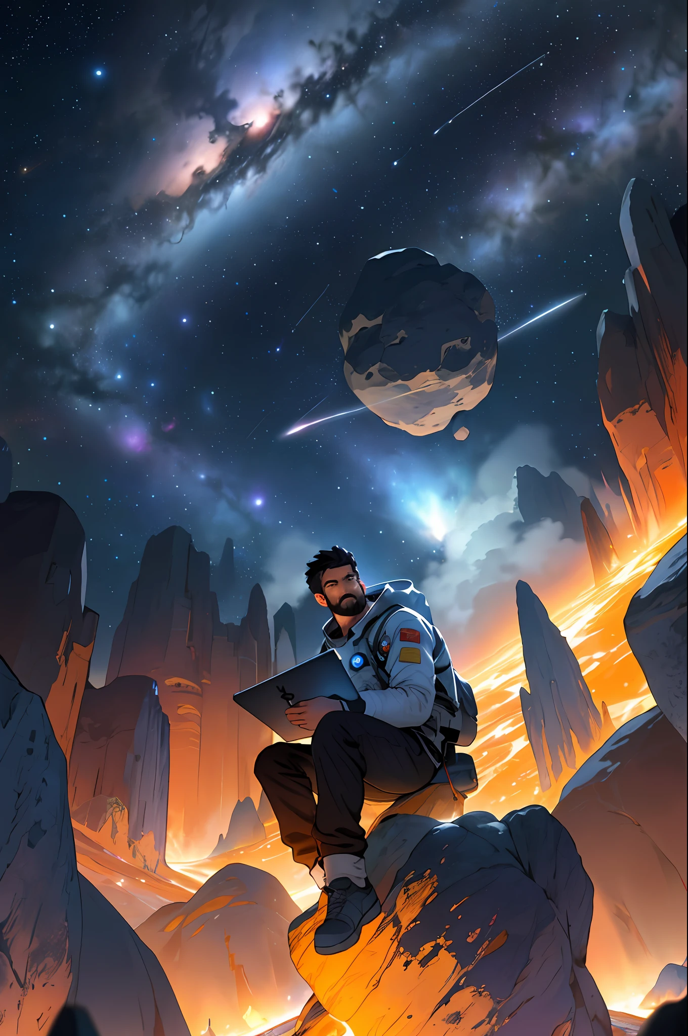 Draw a young astronaut sitting on a research platform floating in the middle of an asteroid belt. He is studying with a laptop, surrounded by several asteroids glowing with auras of fire. The dramatic illumination of distant stars and planets illuminates the scene, casting deep shadows on the costume. The young man seems confident and determined, looking at the vast and mysterious universe with admiration and respect, beard, cowboy shot,