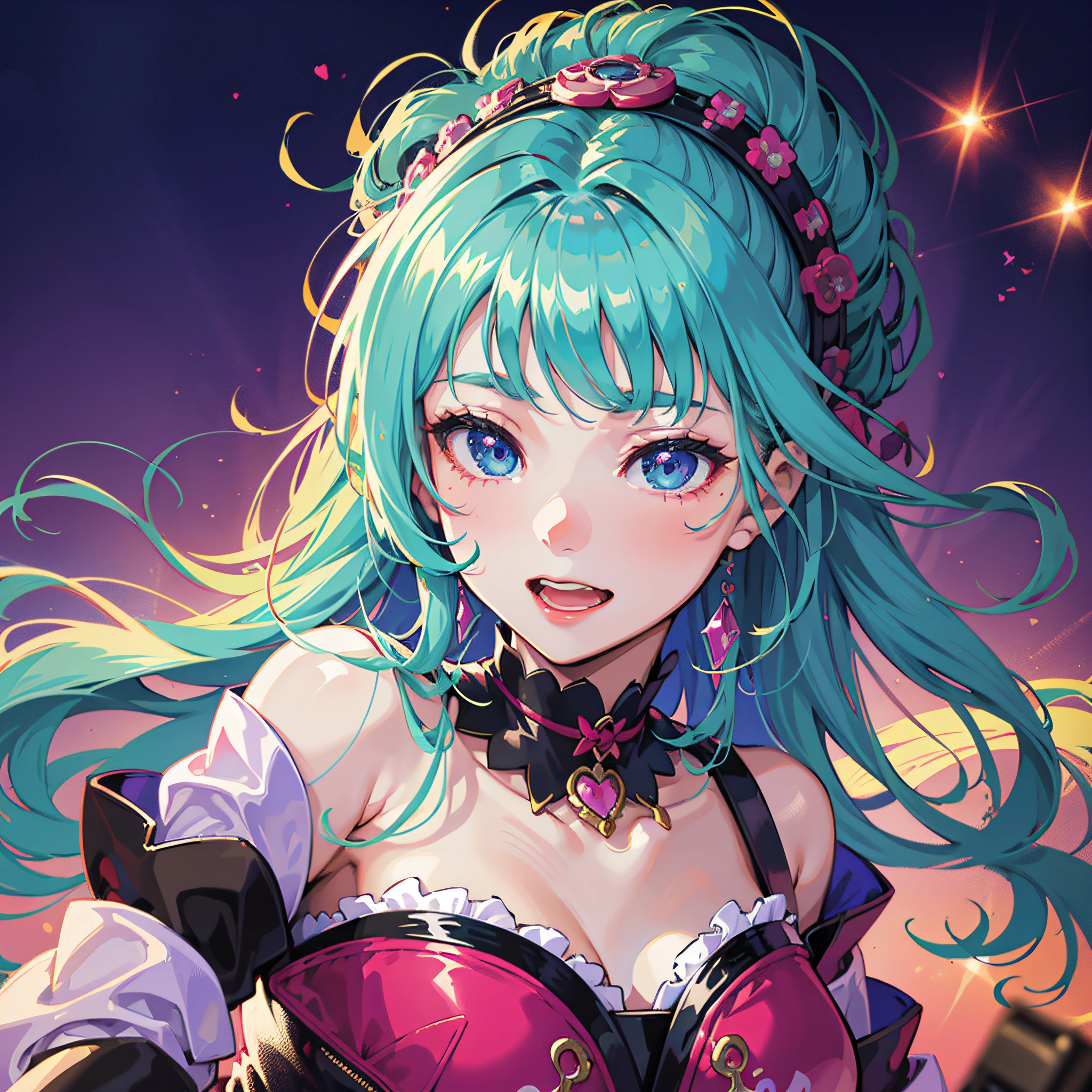 A beautiful anime-style illustration of a girl singing in a karaoke with a dynamic pose and a smiling face. The image captures the energy and excitement of the moment as the girl fully immerses herself in the music. Her eyes sparkle with enthusiasm and her hair playfully sways to the rhythm of the song. The background is adorned with bright lights and striking visual effects, enhancing the lively and festive atmosphere of the karaoke. Every detail, from her facial expression to the folds of her clothing, is meticulously drawn in the distinctive anime style, bringing the scene to life in a charming and captivating way.