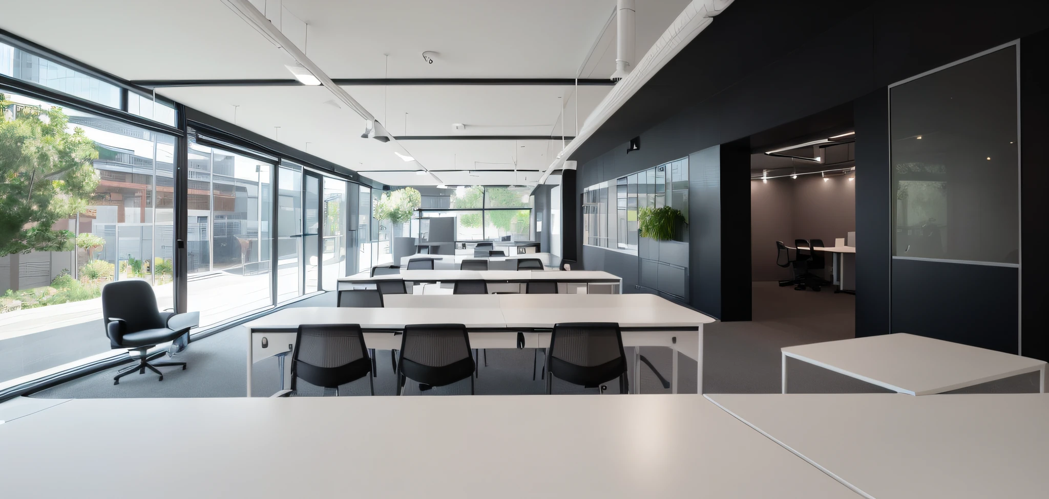 there is a room with a table and chairs in it, office, eora, modern office, lab, offices, eva, office interior, ji-min, desk, slik design, cubical meeting room office, an architectural, sleek black and white, interior, in a open-space working space, architect studio, minimalist design, minimal modern, sleek