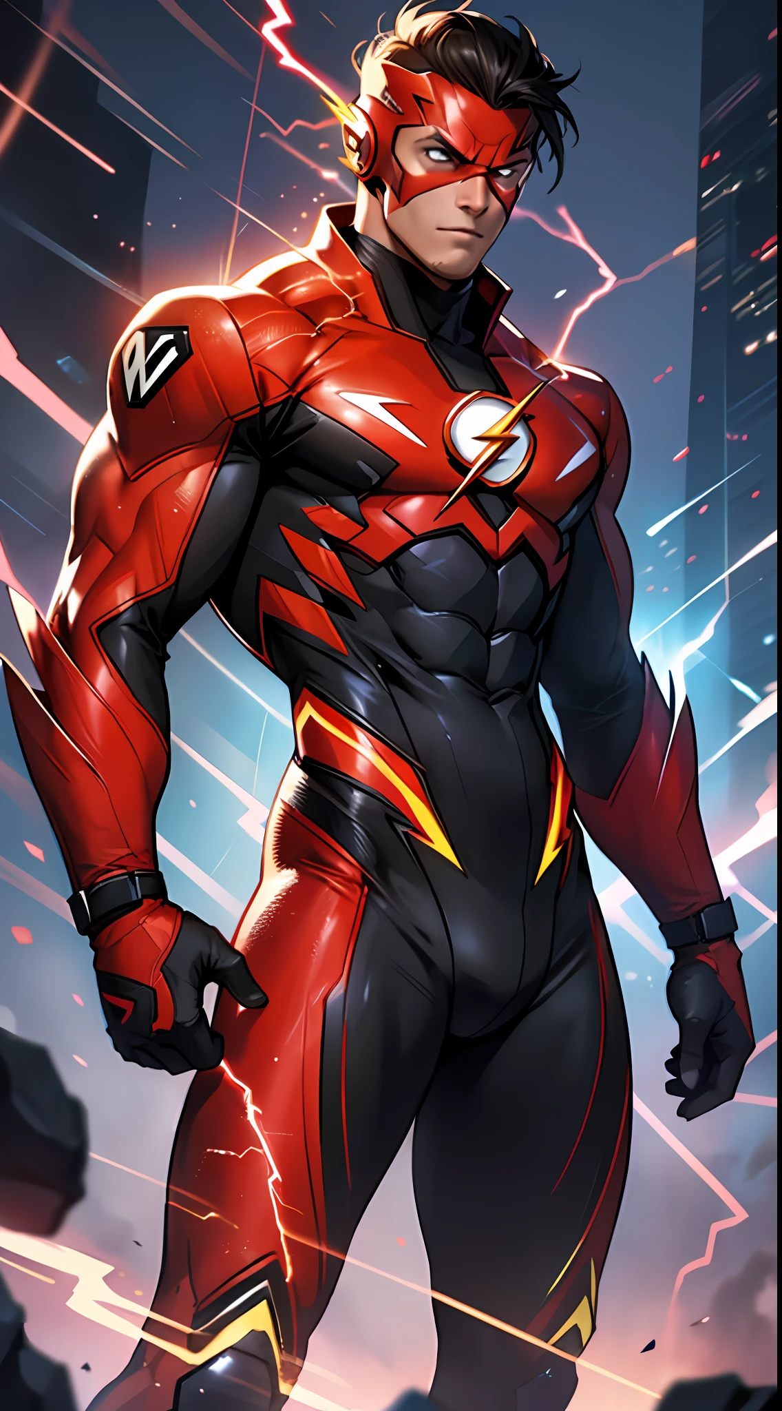 The Flash, best quality, high resolution, tall, muscular, hunk, black and scarlet red neon suit, yellow lightning trail, detailed face, detailed suit, masterpiece, tunnle of light in the background, 4k