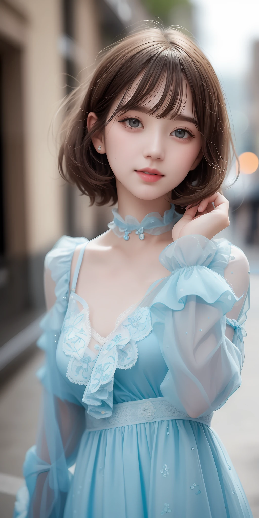 a girl in a water blue with white polka dots chiffon dress, , solo, oval face, pale skin, detailed skin, skin pores, real skin, street, looking at away, kpop idol, make up, ((puffy eyes)), dynamic pose, lace choker, medium hair, messy hair, bangs, (light brown hair:1.15), black eyeshadow, long eyelashes, shiny pink lip, street smiling, outdoors, walk, street background