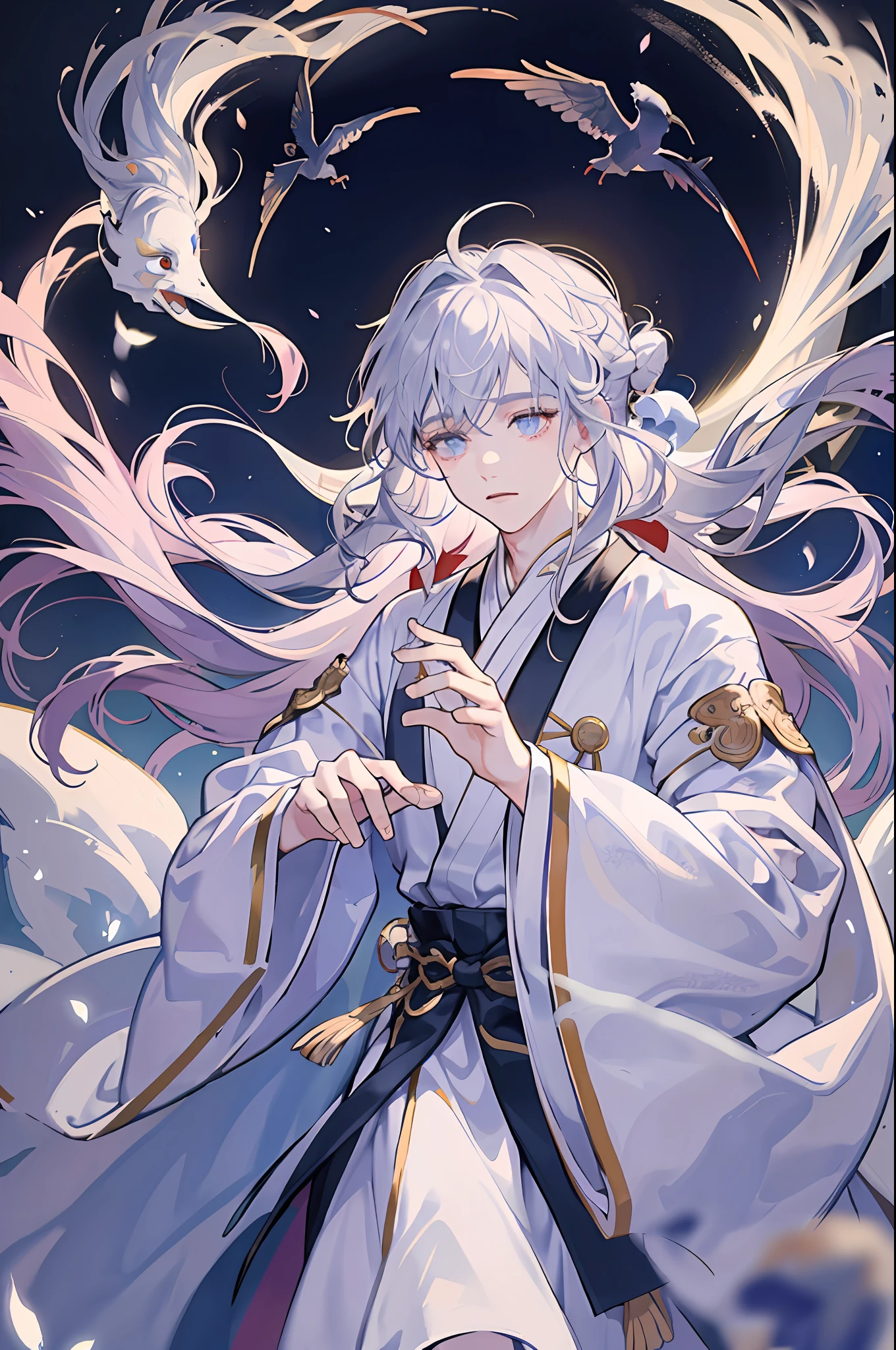 A boy, white Hanfu, long silver hair, delicate eye portrayal, antique style, mist, floating, wide robe with large sleeves, dynamic pose, dramatic composition, fluttering hair, extreme detail, high resolution, vivid expression, opal-like eyes