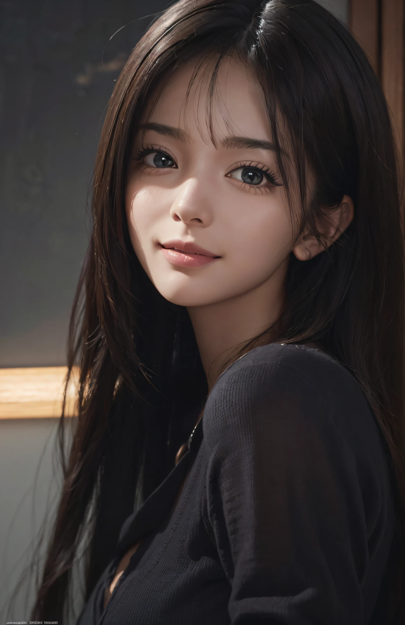 (Ultra Realistic), (Illustration), (Increased Resolution), (8K), (Extremely Detailed), (Best Illustration), (Beautiful and Detailed Eyes), (Best Quality), (Ultra Detailed), (Masterpiece ), ( wallpaper), (detailed face), solo, 1 girl, looking at viewer, fine details, detailed face, in the dark, deep shadows, low key, pureerosfaceace_v1, smiling, long hair, black shawl straight hair , 46 points oblique bangs